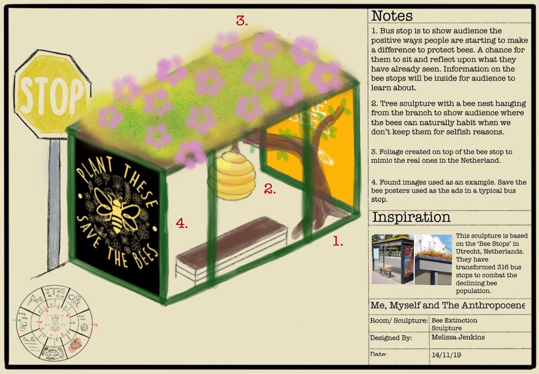 Bee Extinction Room Sculpture: Sculpture design for the Bee extinction room. Inspired by the Bee Stops in The Netherlands, showing people the simple things that can be done to help re- populate the bee population of the earth.