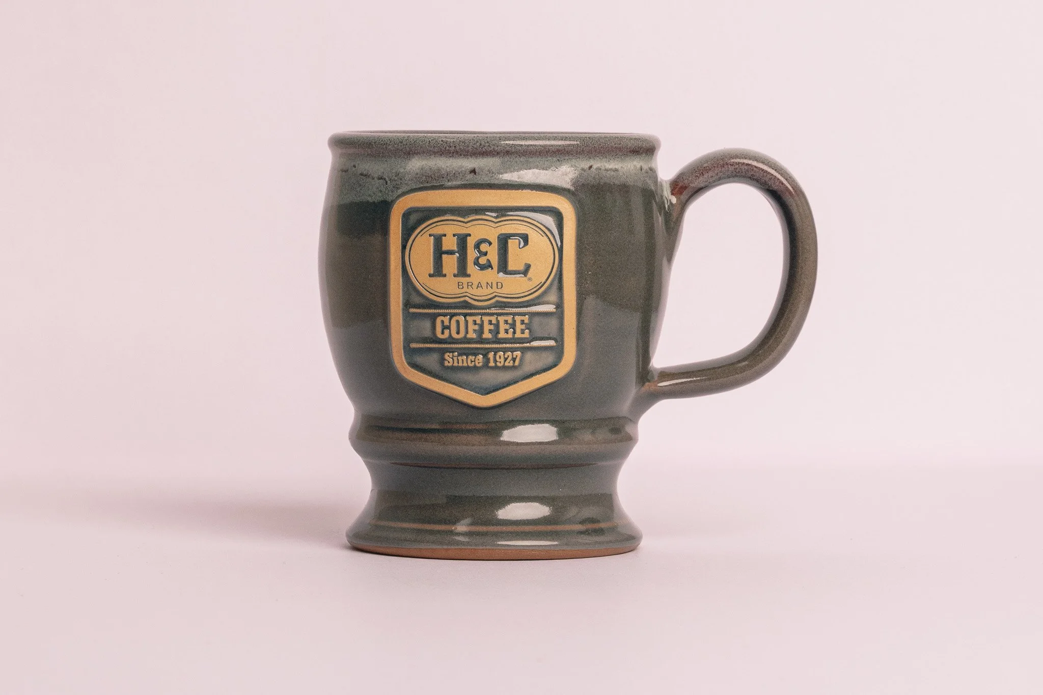 HC Logo Handmade 16oz Sage w/ Burgundy White Hammer Mug w/ Free Coffee