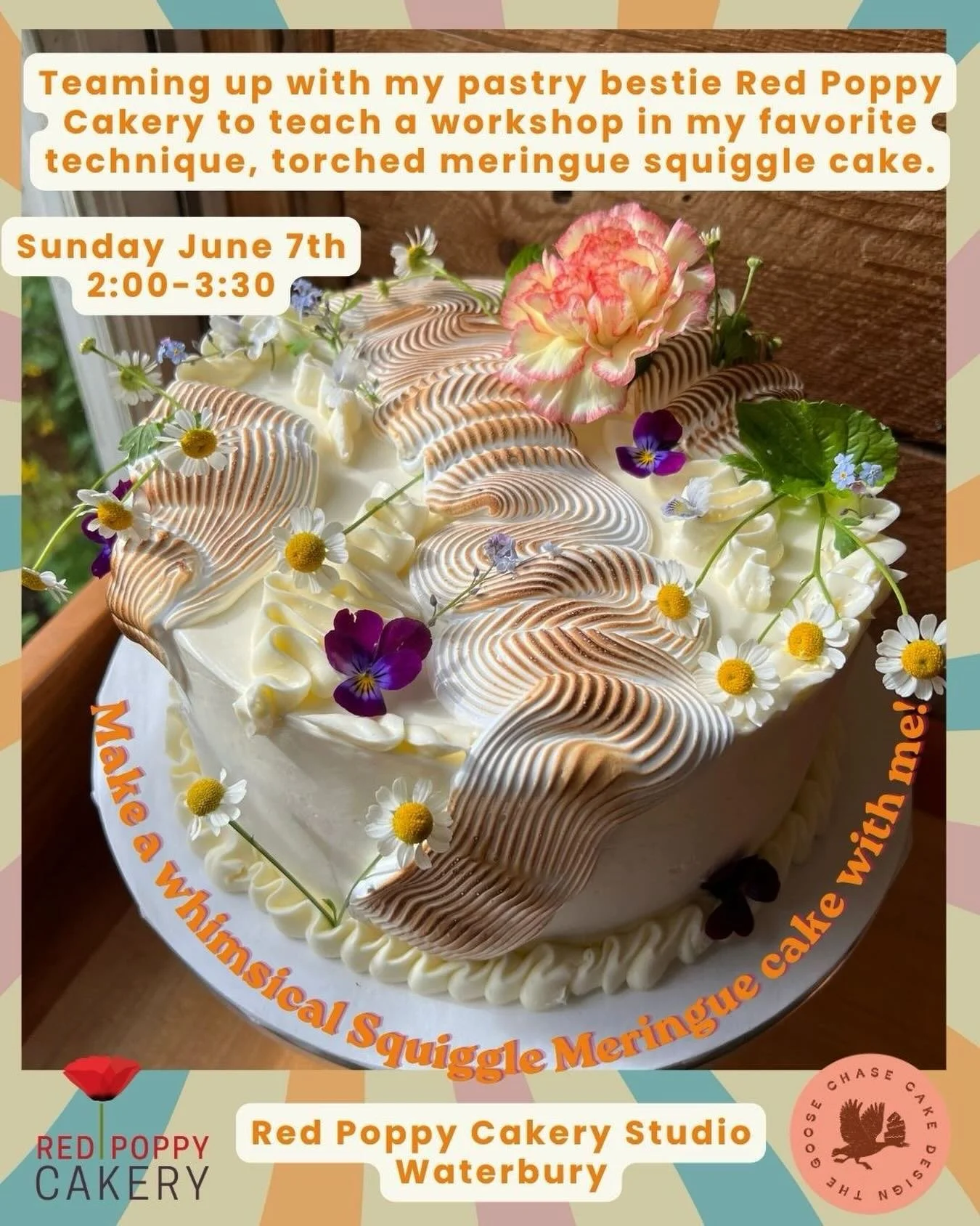Excited to be teaming up with @redpoppycakeryvt to teach a class I&rsquo;m her beautiful studio in Waterbury Sunday June 7th! 
.
If you haven&rsquo;t noticed yet, I love Torched Meringue, squiggles and anything whimsy on a cake. Come learn the ins an