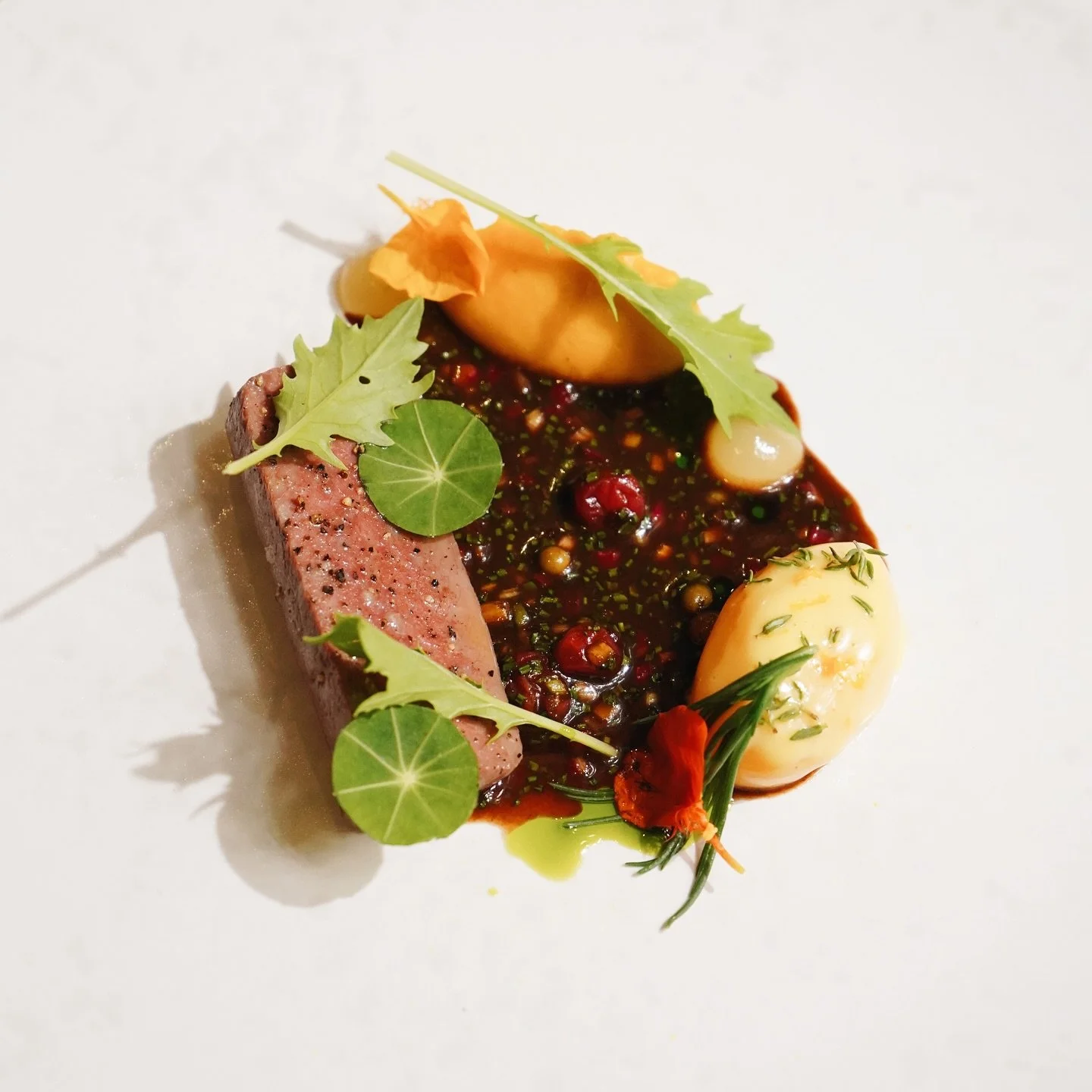 Wild Cumbrian Roe Deer &amp; Kuri Squash Confit in Orange, Foie Gras, Nasturtium, Regalis Blue Cheese, Red Currant &amp; Sauce &ldquo;Grand Veneur&rdquo; 💜

Available on our Signature, 4 Course &amp; Lunch Menu ✨

#bohemiajersey #theclubjersey #jers