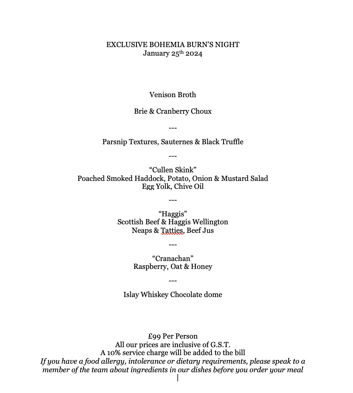 Burns Supper — Bohemia Bar & Restaurant Jersey