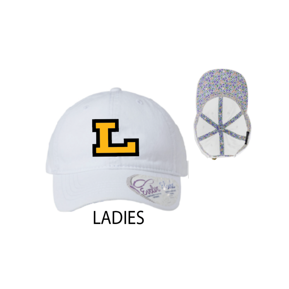 F - LADIES LOW CROWN PONYTAIL CAP W/ FLORAL UNDERVISOR