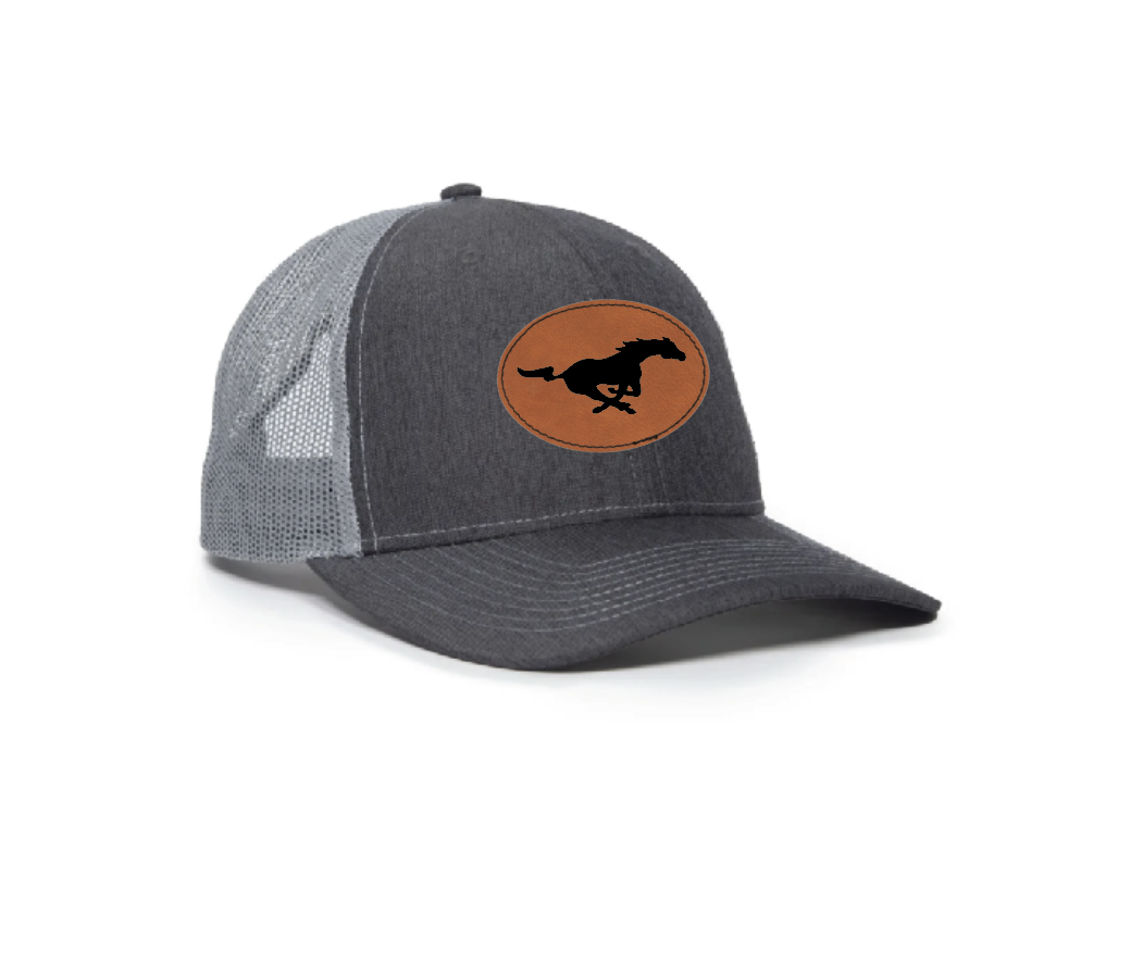 E - GREY MESH-BACK TRUCKER CAP w/ LEATHER PATCH