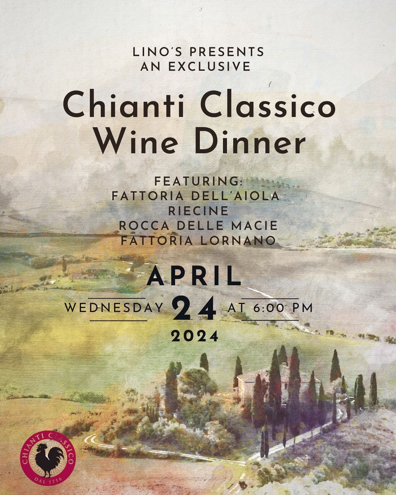 You are cordially invited to our prestigious wine dinner featuring Chianti Classico from three renowned winemakers: Fattoria dell&rsquo;Aiola, Riecine, and Rocco delle Macie. Experience their unparalleled passion for wine firsthand. 🍷✨

We are also 