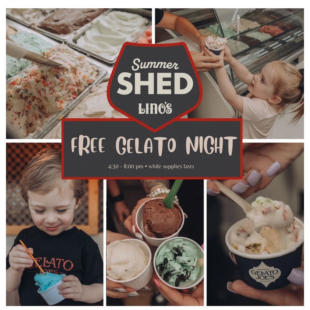 ☀️ 🍨 Embrace this beautiful weather and join us tonight at Lino&rsquo;s Summer Shed on Riverside for 

🄵🅁🄴🄴 🄶🄴🄻🄰🅃🄾 🄽🄸🄶🄷🅃

&bull;No purchase necessary, just pure summertime joy!
&bull;One scoop per person while supplies last
&bull;Hour