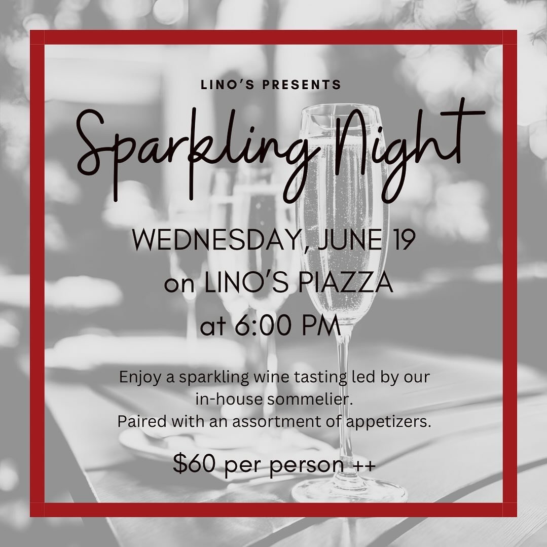 Join us for an enchanting evening of bubbles! 🍾✨
🗓 Date: Wednesday, June 19th 
⏰ Time: 6:00 PM 
📍 Location: Lino&rsquo;s Piazza, 5611 E. State St

Led by our in-house sommelier Jessica, we&rsquo;ll embark on a sparkling journey across Italy, sampl