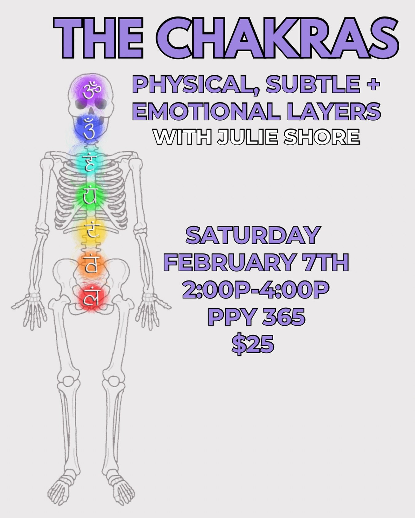 Join @julieshoreyoga this weekend for a special workshop focusing on the Chakras! 

Explore the physical, subtle, and emotional layers of the chakra system through the lens of the anatomical core.

In this two-hour workshop, we&rsquo;ll explore the s