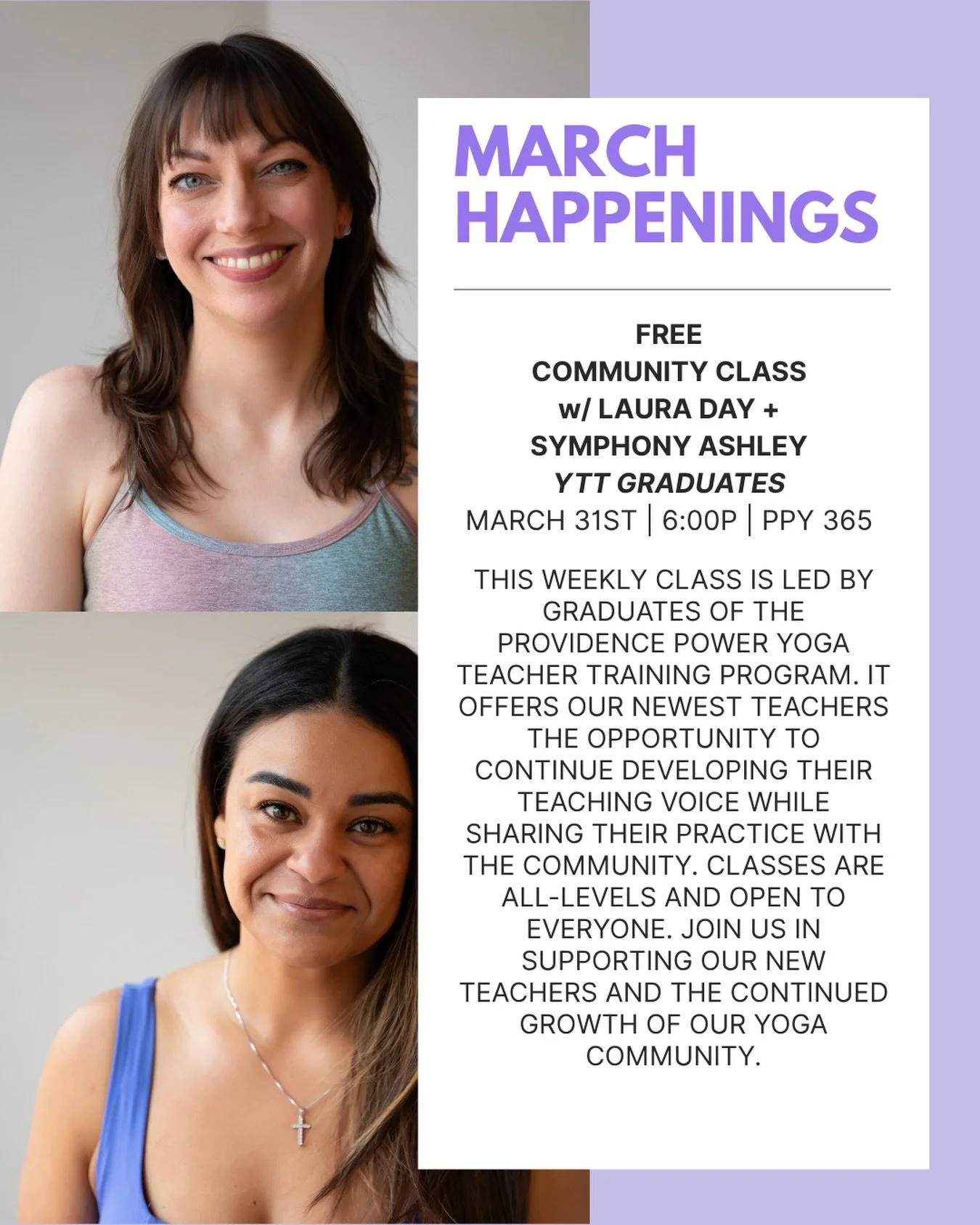 Bonus for March! We&rsquo;re starting our series of community classes with our 2026 YTT cohort a little early. Join us tomorrow at PPY 365 to support Laura + Symphony for their first class! 🤗