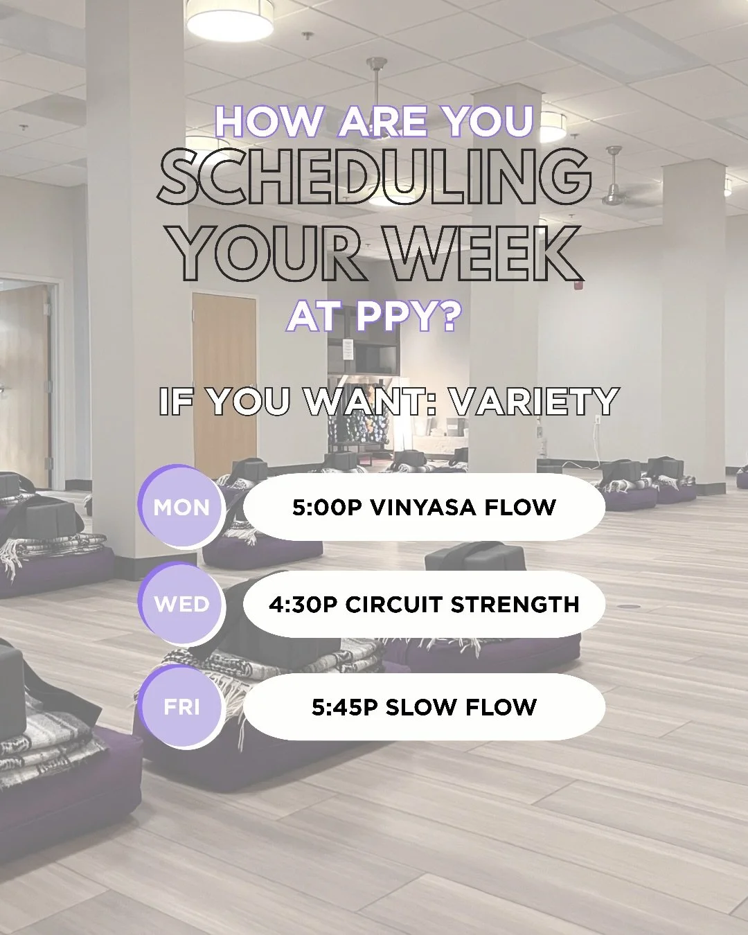 As @mangell830 always says, &ldquo;Here at PPY, we have choices&rdquo; &mdash; and that we do! 

There are dozens of ways you can take advantage of the variety in our schedule. What&rsquo;s your practice looking like this week? 👇🏼 Tell us which cla