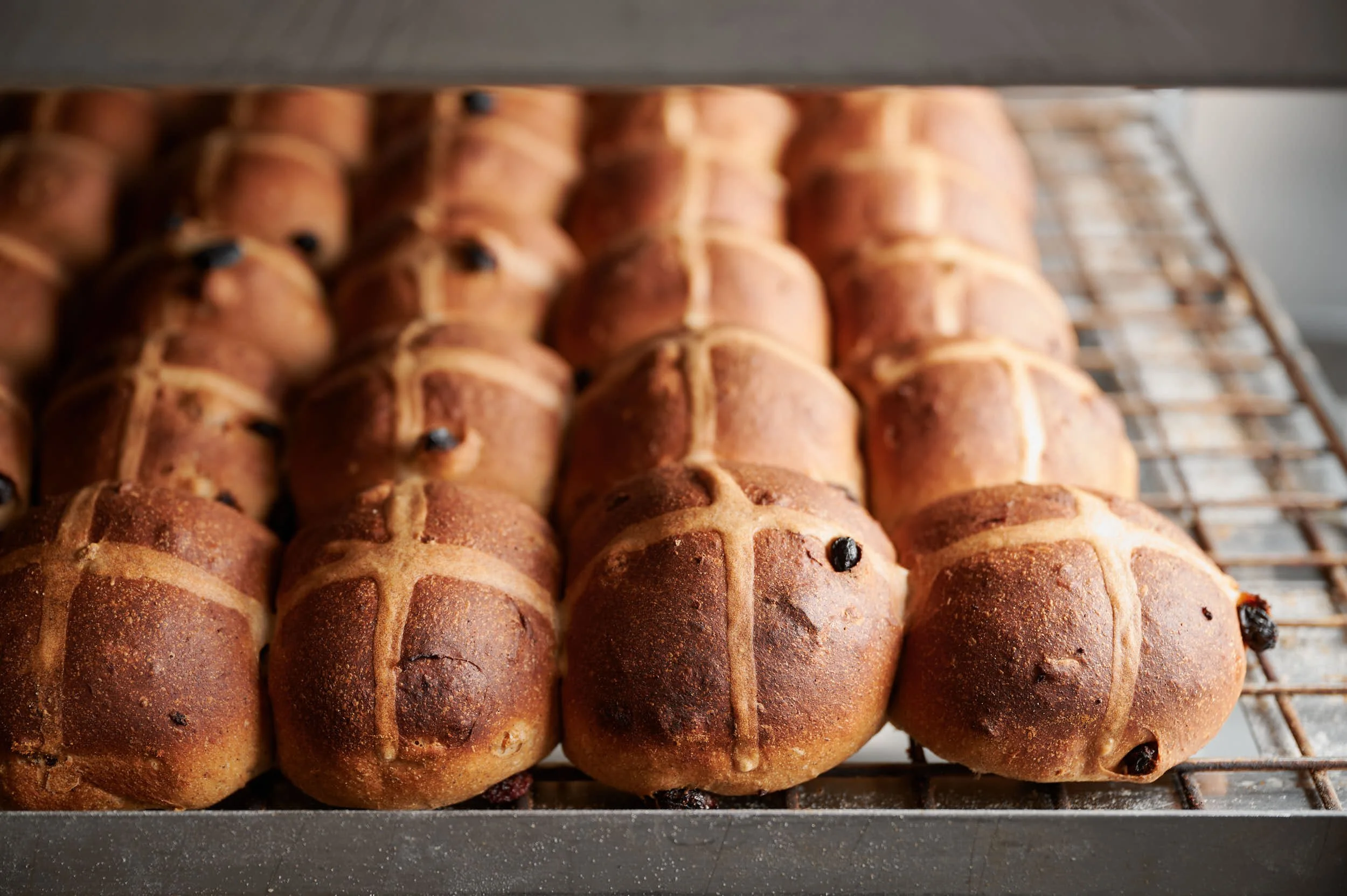 Editorial food photography: hot cross buns cooling on a rack by Melbourne food photographer Charlotte Orr
