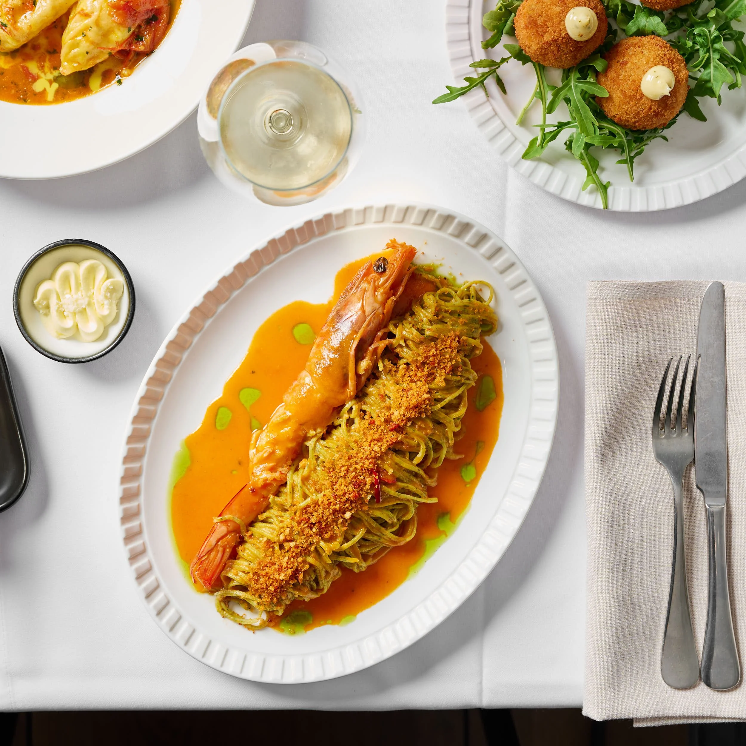 King prawn spaghettini pasta dish photographed for a Melbourne restaurant by Charlotte Orr