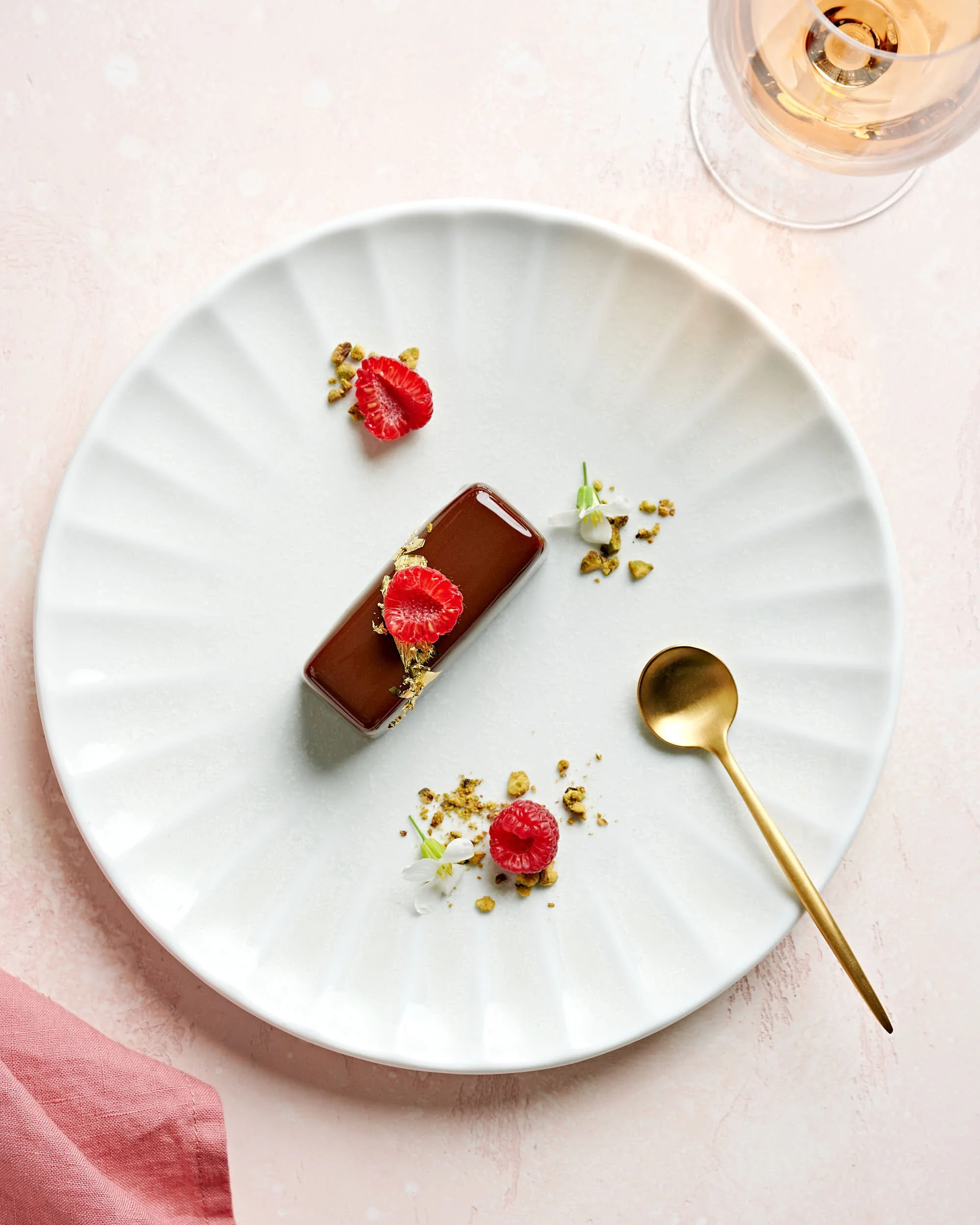 Chocolate raspberry dessert photographed for a Melbourne events venue by Charlotte Orr