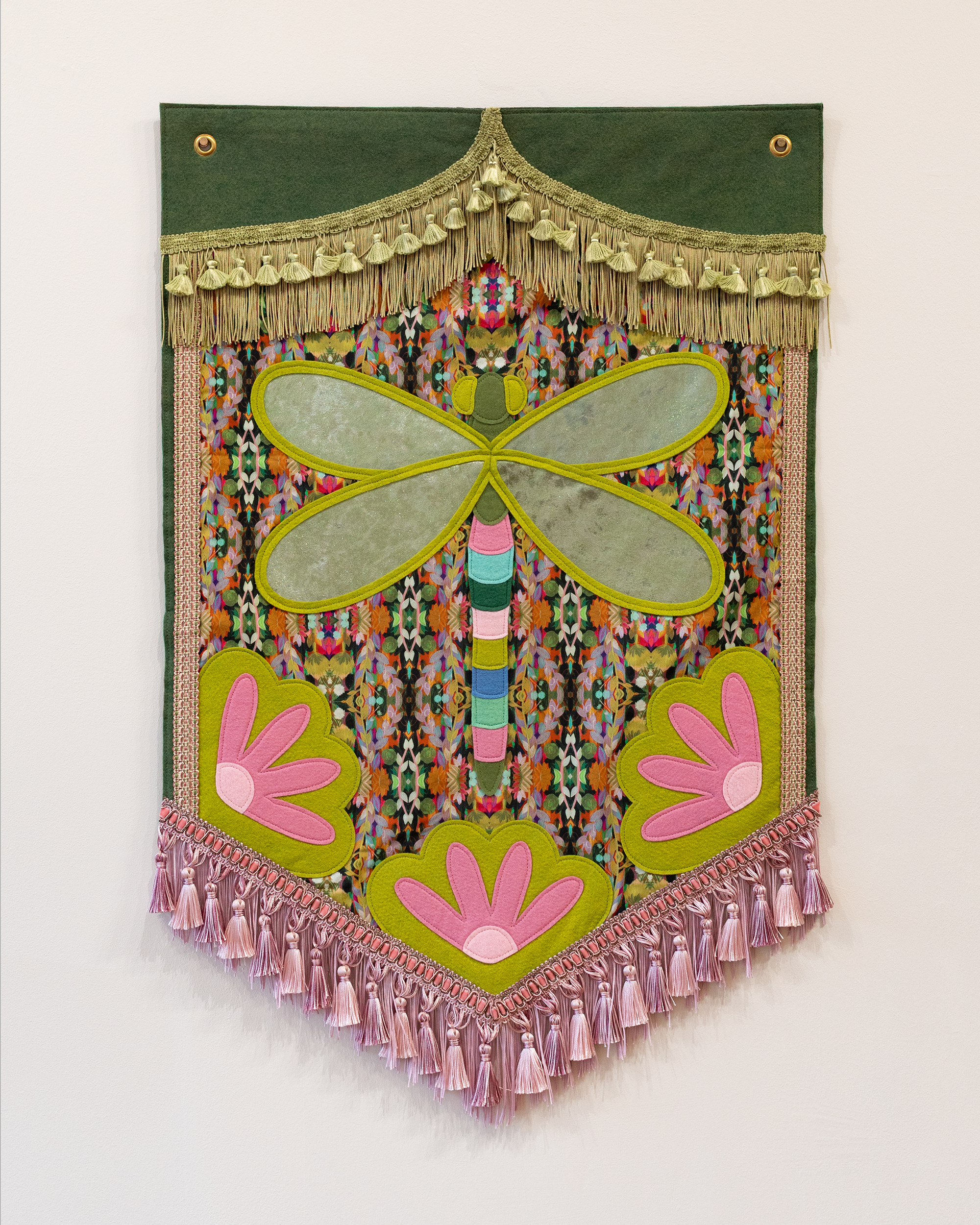 "Dragonfly" (2025) wool-blend felt, cotton, metallic velvet, fringe & tassel trim, thread, brass grommets, 23.5”x36”