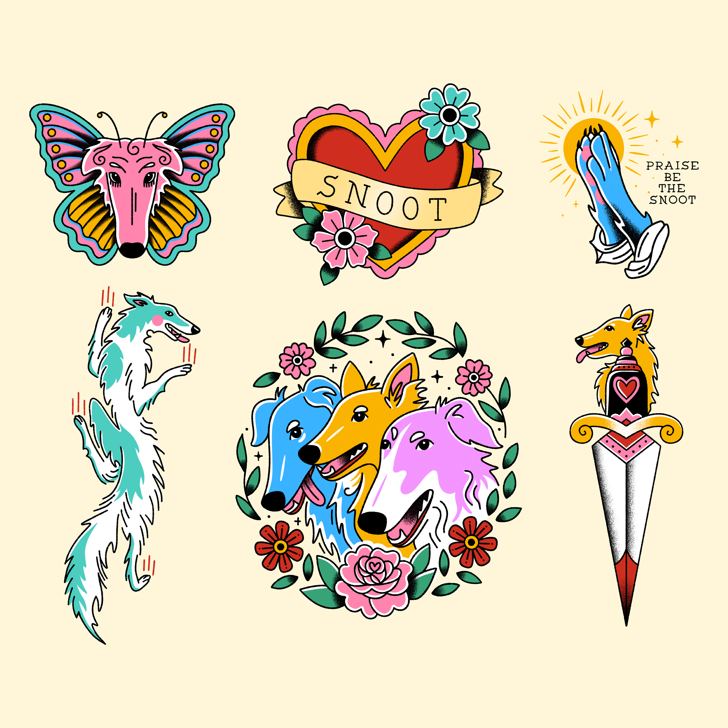 Colorful tattoo-style illustrations including a pink dog butterly, a heart with "SNOOT" banner, praying dog paws, a white borzoi dog crawling black panther style tattoo, and various floral, borzoi, and silken wind hound drawings.