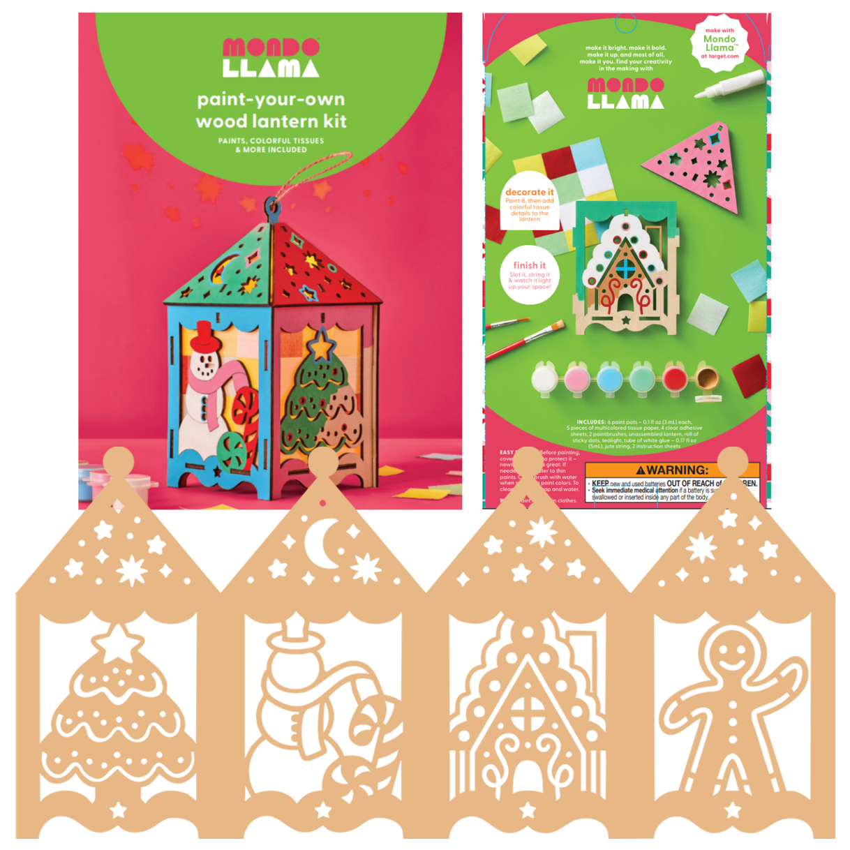 Packaging for a Mondo Llama paint-your-own wood lantern kit, featuring a colorful holiday-themed lantern with a snowman and Christmas tree. The background is pink with an illustration of the kit's contents and instructions. There are four uncolored p