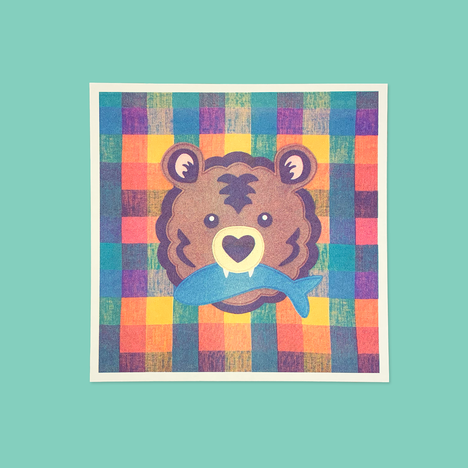 Bear With Fish 8"x8" Risograph Art Print