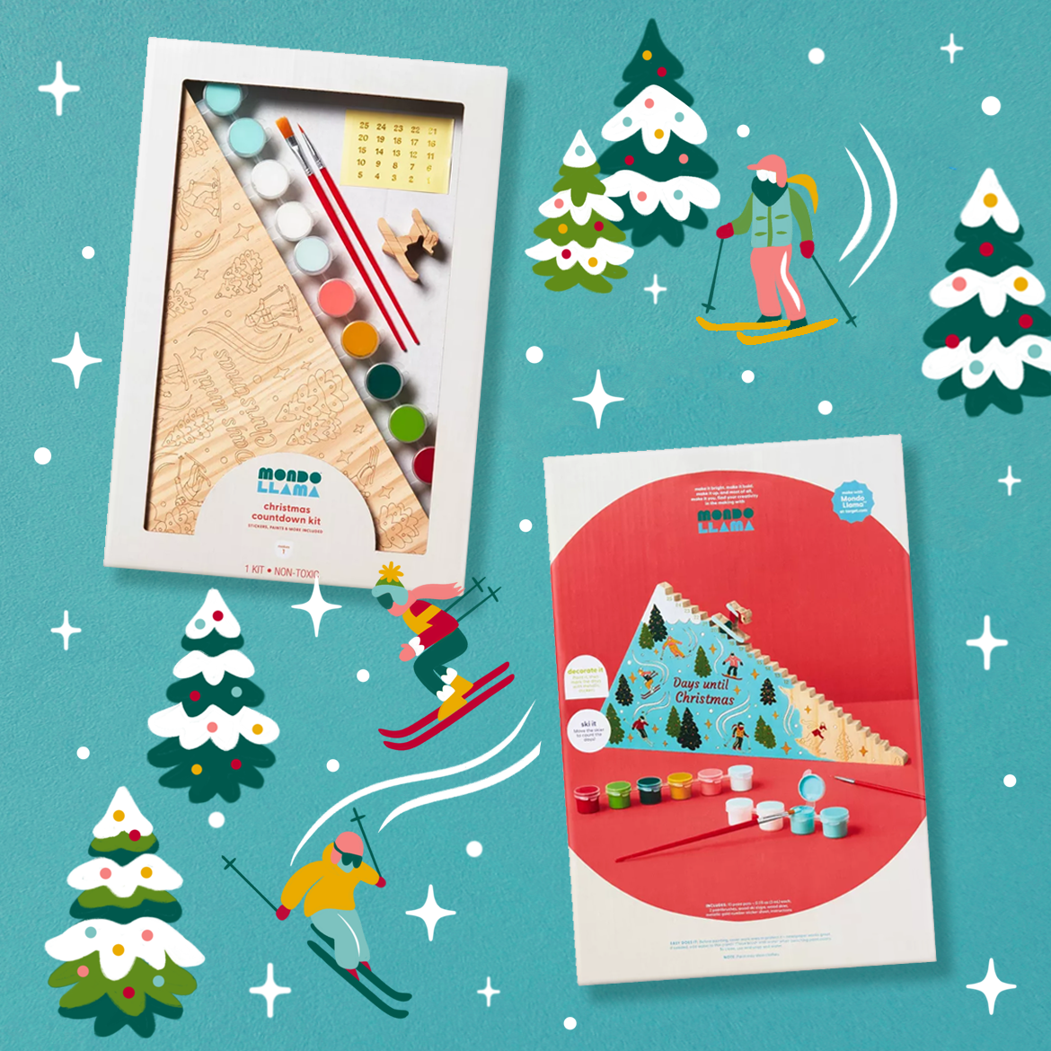 Christmas countdown kit and painting set on a blue background with handdrawn festive snow and tree illustrations, featuring skiing and snowboarding cartoon characters.