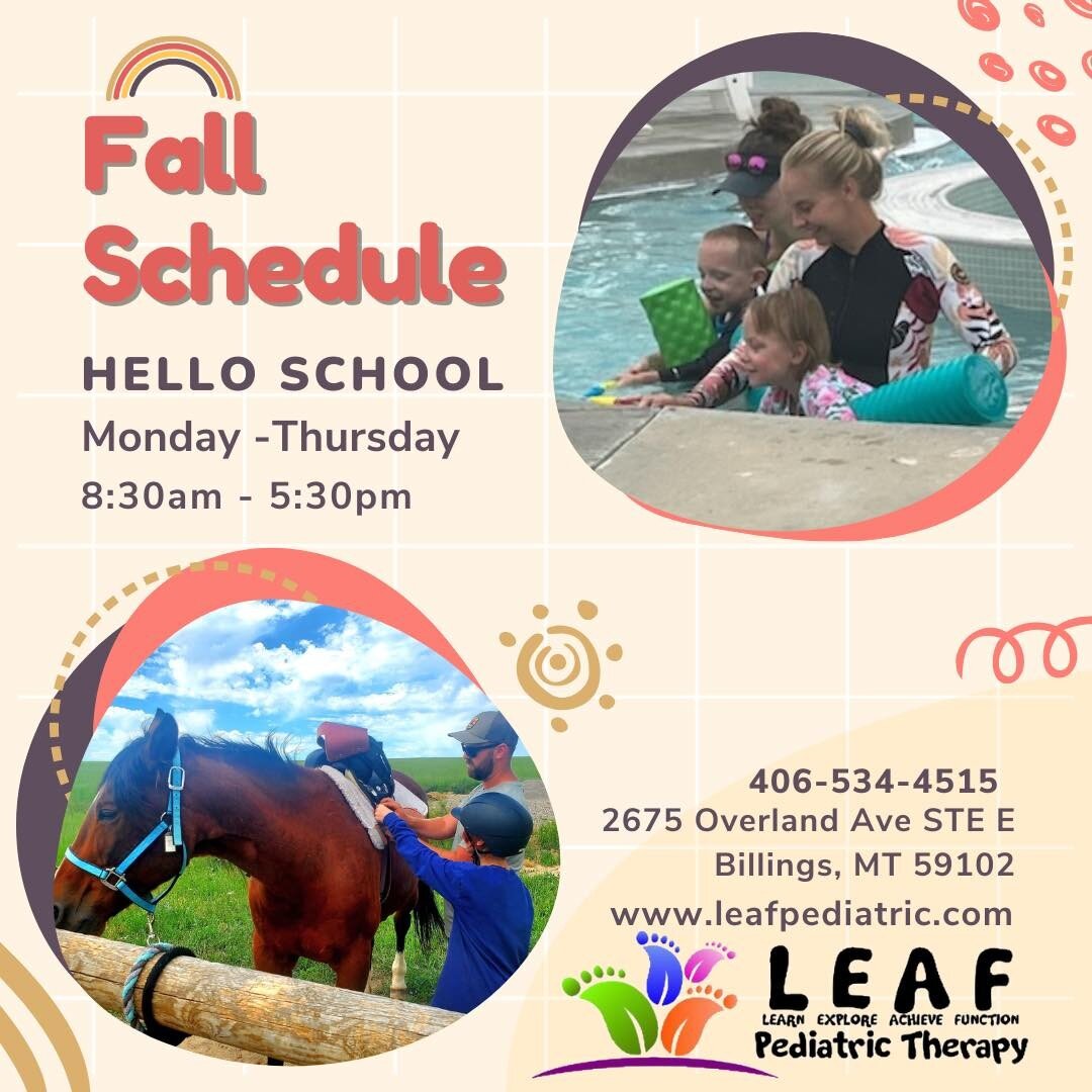 🖍 Summer is coming to a close and school is around the corner! ✏️

If you have not confirmed your fall therapy time yet, please call Tonya this week to hold your spot! (406)534-4515