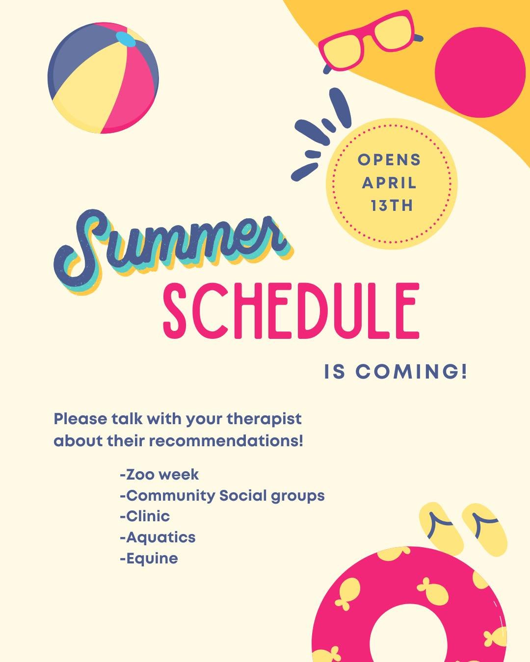 Summer Schedule Opening Soon! ☀️
&bull;
With school out and schedules a little more flexible, summer is the perfect time to take therapy beyond the clinic walls. Each year, we love to switch things up and take full advantage of the warmer weather and