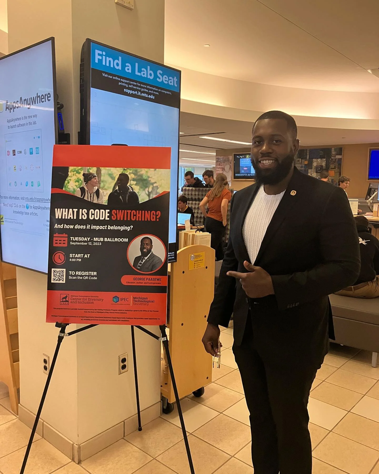 Highlights from our past engagement at Michigan Technological University.

#georgepaasewe 
#thecodeswitcher 
#diversity 
#diversityandinclusion 
#equity
#publicspeaking 
#publicspeaker 
#speakingengagement 
#codeswitching
#michigantech