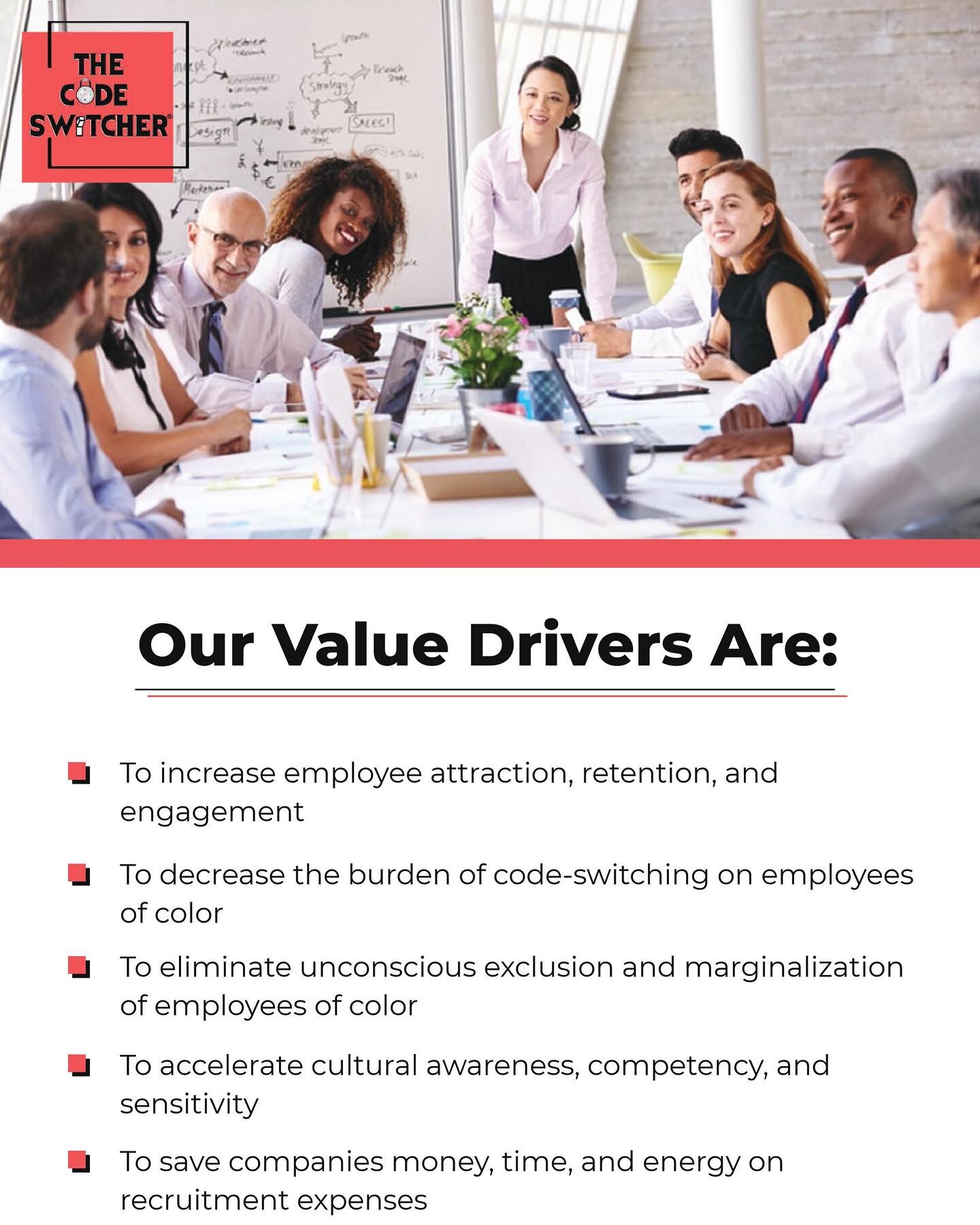 Our goal is to increase the retention rates of employees of color while helping corporations l save money and reduce their overall recruitment expenses. 

#georgepaasewe 
#thecodeswitcher 
#diversitytraining 
#diversityandinclusion 
#equity
#publicsp