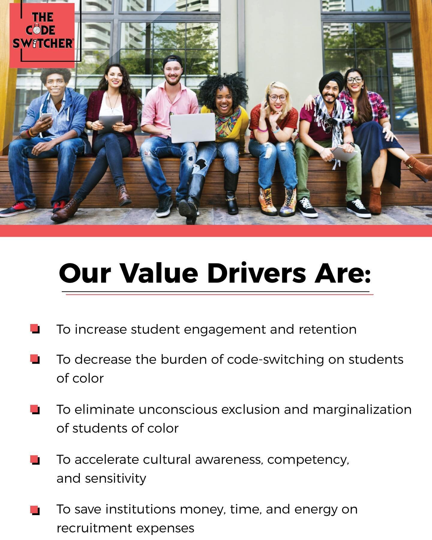 Our goal is to increase the attraction, retention, and graduation rates of students of color while helping institutions save money and reduce their overall recruitment expenses. 

#georgepaasewe 
#thecodeswitcher 
#diversitytraining 
#diversityandinc