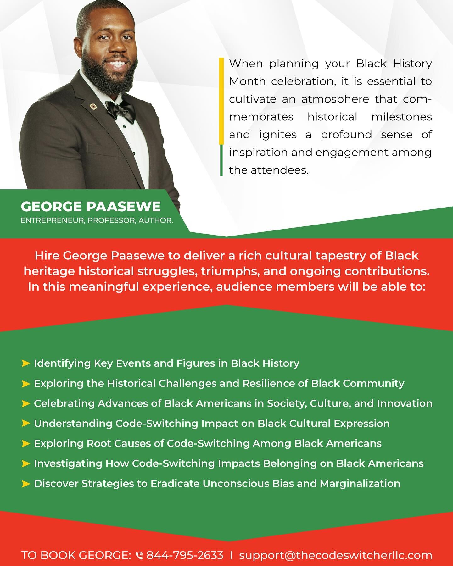 Book The Code-Switcher for a dynamic Black History Month event to explore key events, celebrate Black culture, and understand code-switching&rsquo;s impact on Black expression

#georgepaasewe 
#thecodeswitcher 
#diversity 
#diversityandinclusion 
#eq