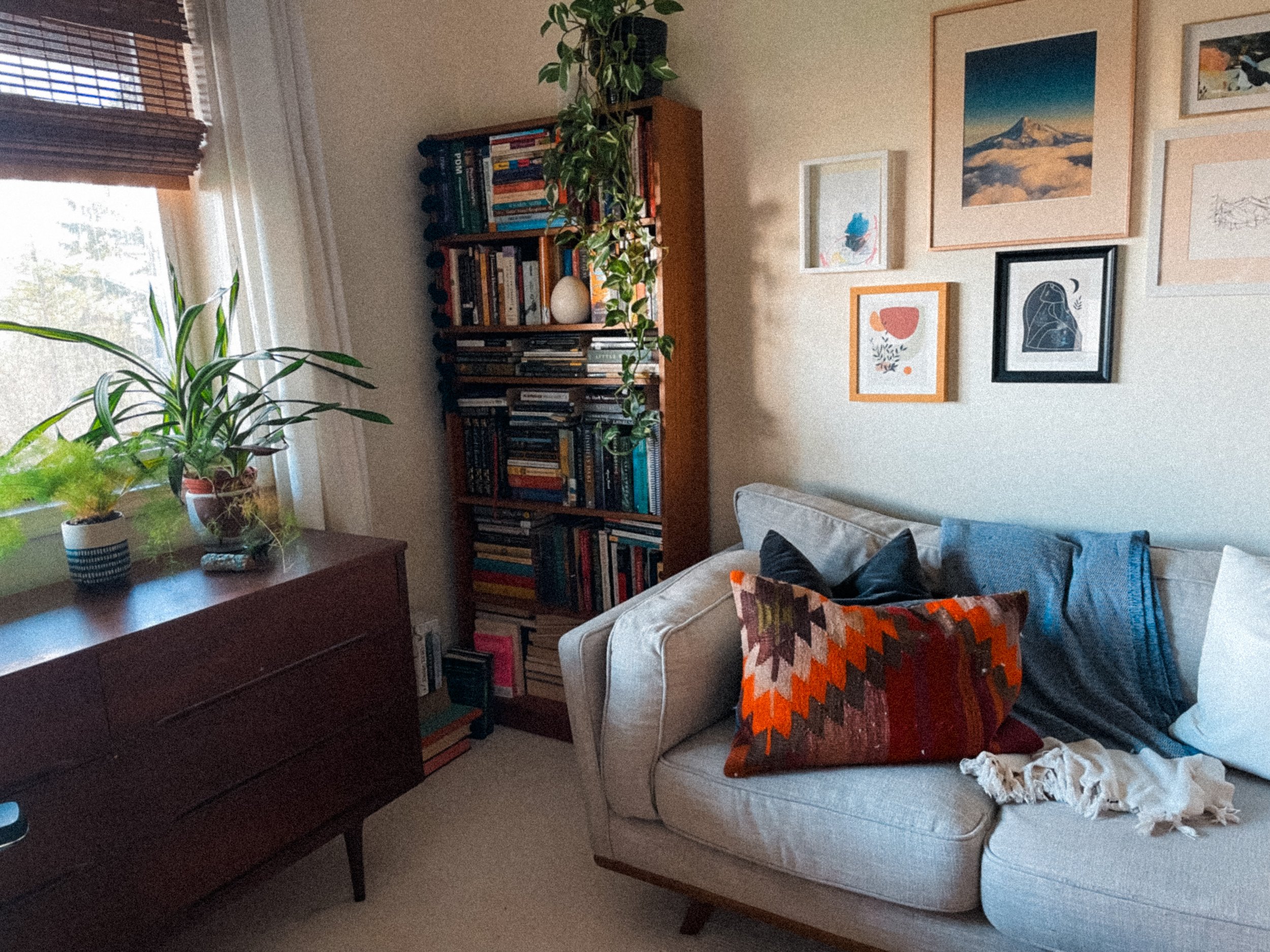 Living room with a beige sofa adorned with colorful pillows, a wooden bookshelf filled with books, a large window with blinds, and a gallery wall of framed artwork including mountain scenery and abstract designs. There are also potted plants on a side table and a bookcase.