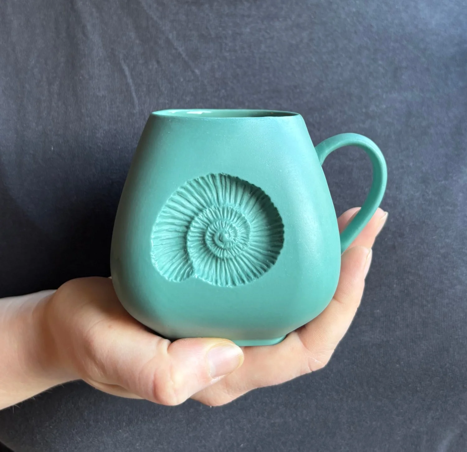 Ammonite Large mug held mid teal.jpg