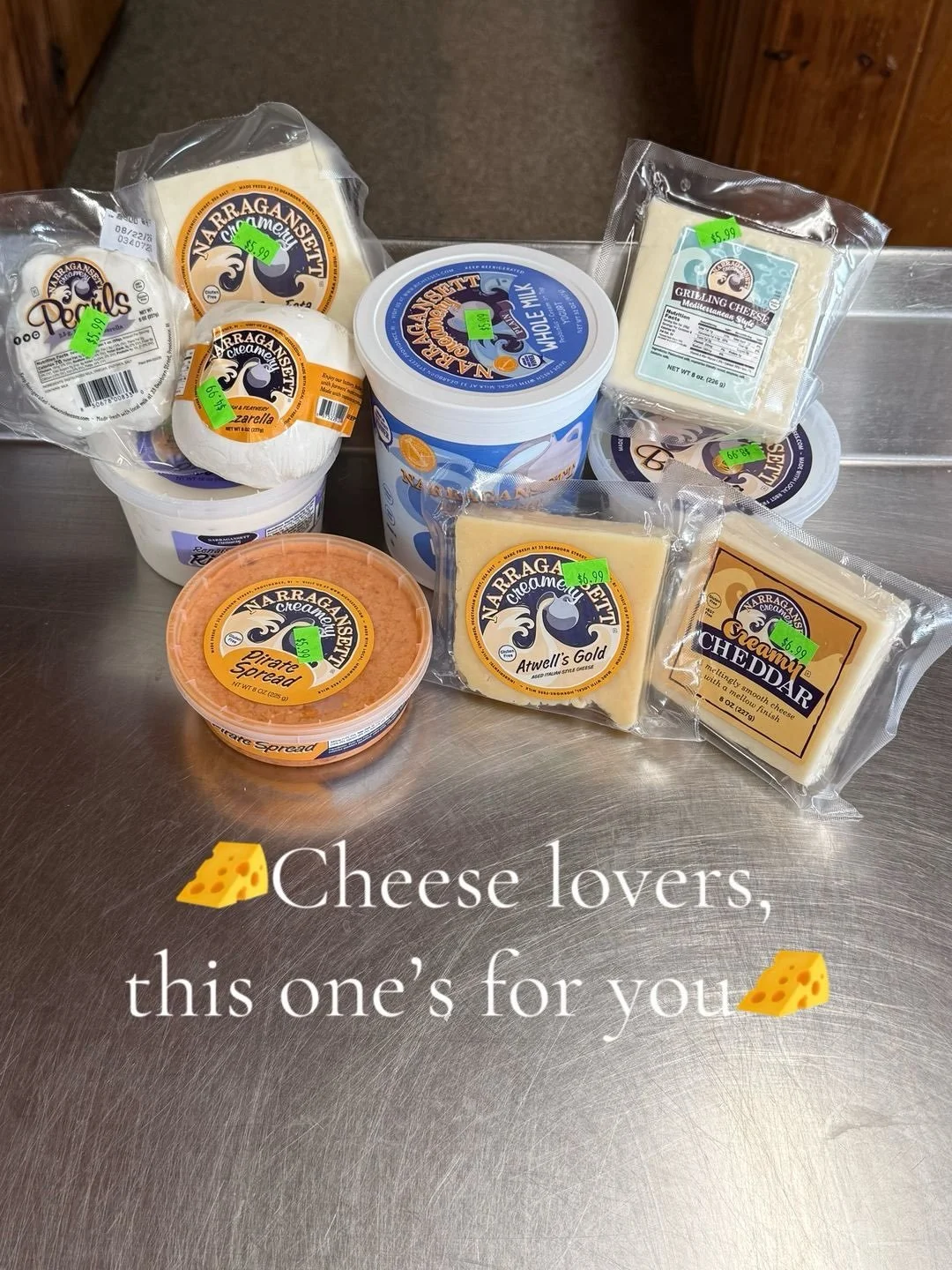 Cheese haul 🧀  We&rsquo;re stocked up on Narragansett Creamery, fresh mozzarella, burrata, feta, and a creamy cheddar. 

Grab a wedge, a tub, a whole wheel, whatever you&rsquo;re into. Pair it with some peppers, tomatoes, berries, honey, all the goo