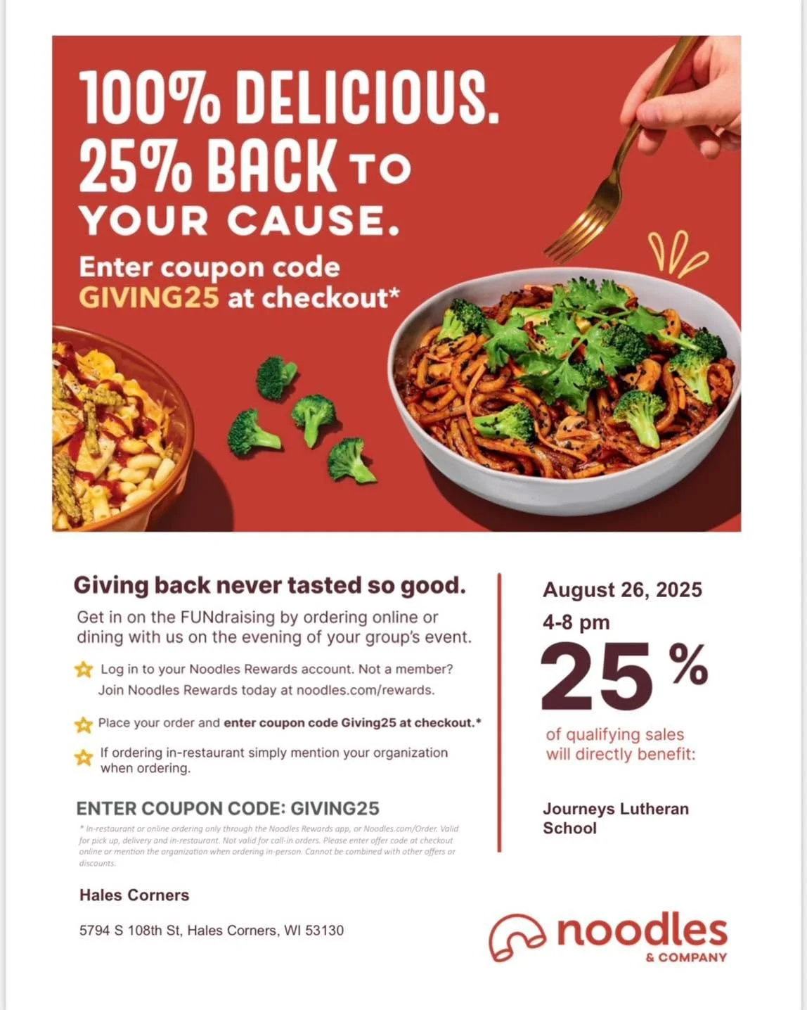 🍜✨ Take a night off from cooking and support Journeys! ✨🍜

Join us at Noodles &amp; Company (5794 S 108th St.) on Tuesday, August 26 from 4:00&ndash;8:00 PM and 25% of sales will be donated back to Journeys Flood Relief. 💙 Be sure to mention that 