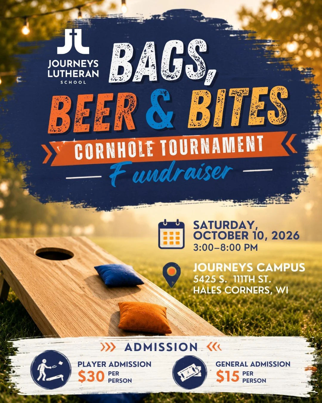 🏆 𝐖𝐡𝐨'𝐬 𝐫𝐞𝐚𝐝𝐲 𝐭𝐨 𝐭𝐨𝐬𝐬 𝐟𝐨𝐫 𝐚 𝐜𝐚𝐮𝐬𝐞?
Grab your favorite teammate and join us for Bags, Beer &amp; Bites on Saturday, October 10 from 3:00&ndash;8:00 PM at Journeys Lutheran School!
🎯 Social &amp; Competitive Brackets
🍔 Great 