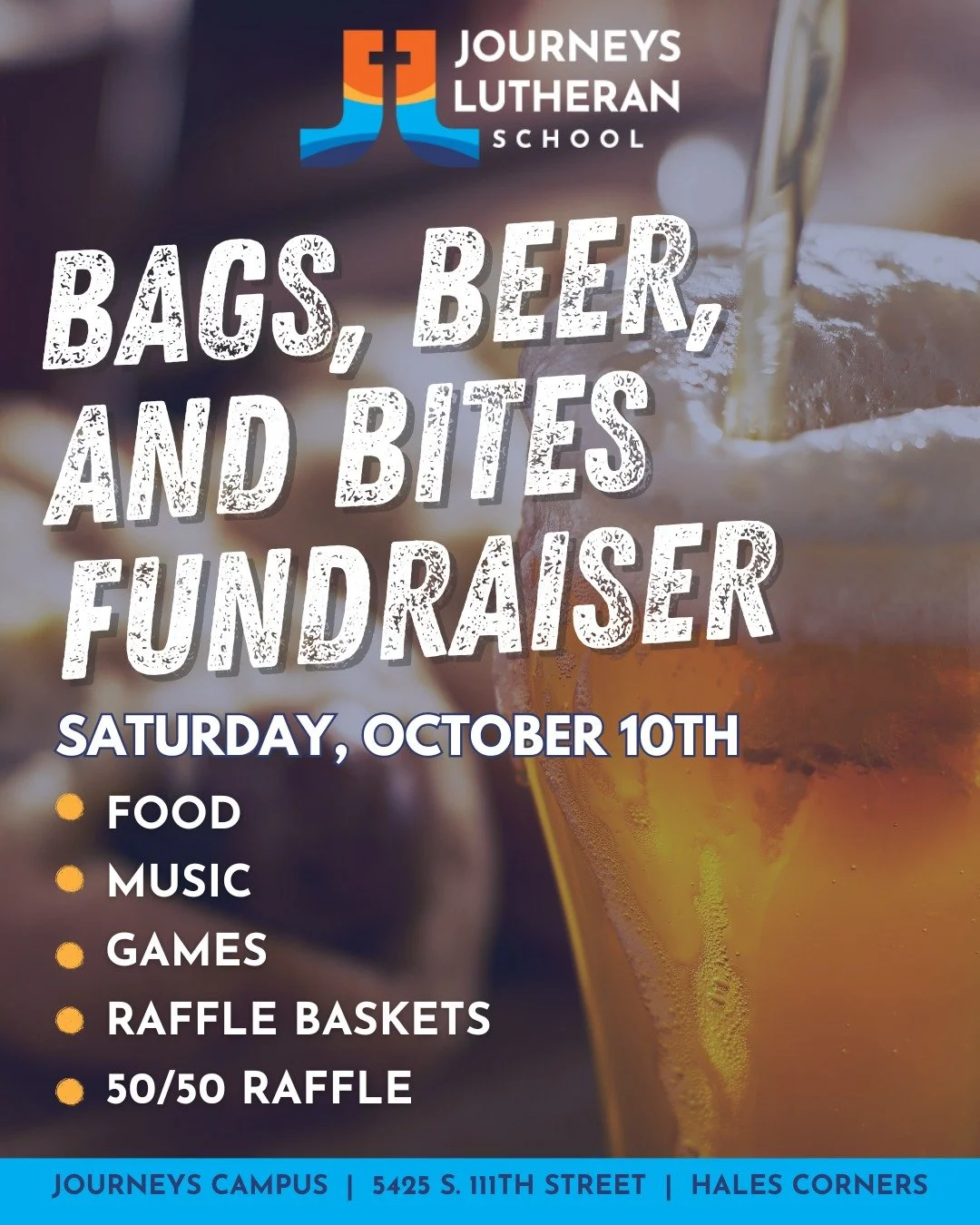 Find your teammate and put your tossing skills to the test at Bags, Beer &amp; Bites benefiting Journeys Lutheran School!
Choose your bracket:
😎 Social &mdash; here for the fun
🔥 Competitive &mdash; here for the win

Plus, enjoy great food, cold dr