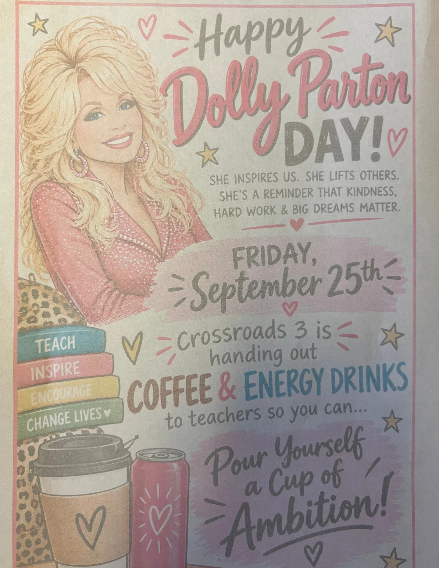 Not to be outdone, our Crossroads students had a little surprise of their own today and rolled out a special "Dolly Day" coffee cart just for our teachers!