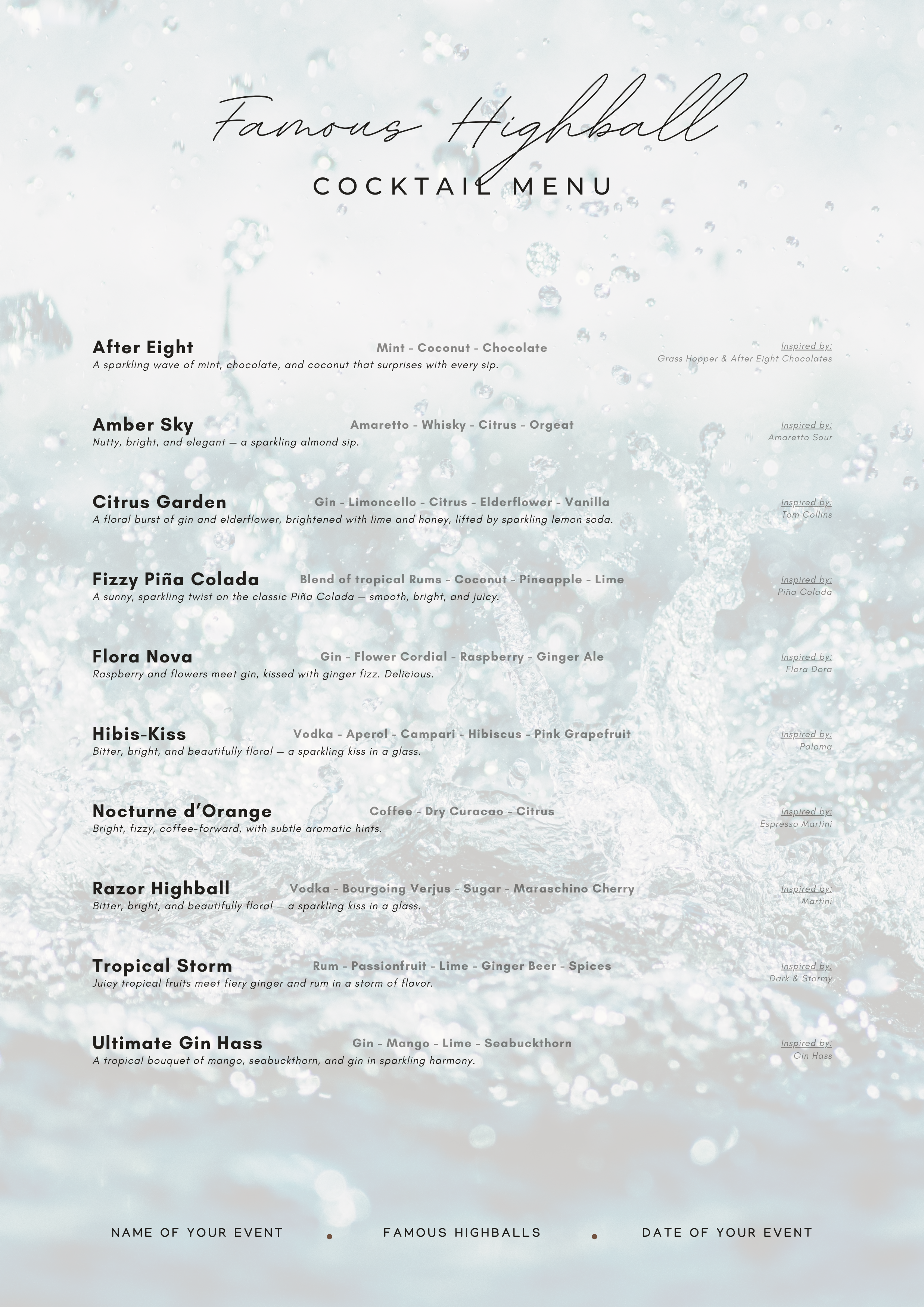 Famous Highball cocktail menu with names, ingredients, and descriptions, titled at the top. Background features water droplets or splash effects.