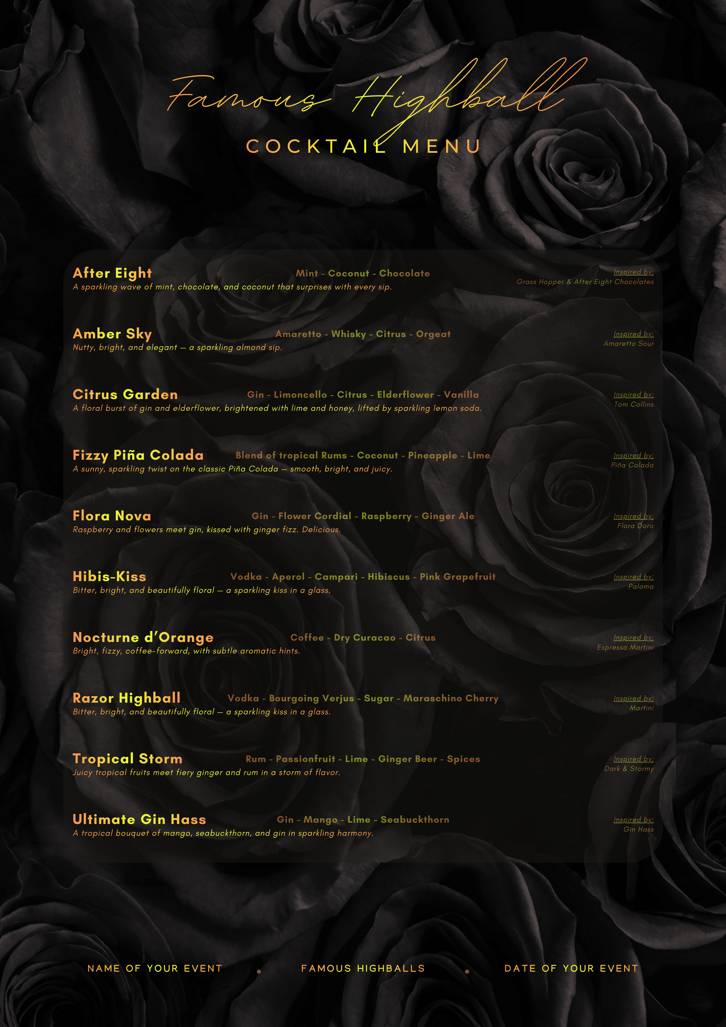 Elegantly designed cocktail menu titled 'Famous Highball CocktaiL Menu' with black background and dark roses, listing various highball drinks with descriptions and inspirations.