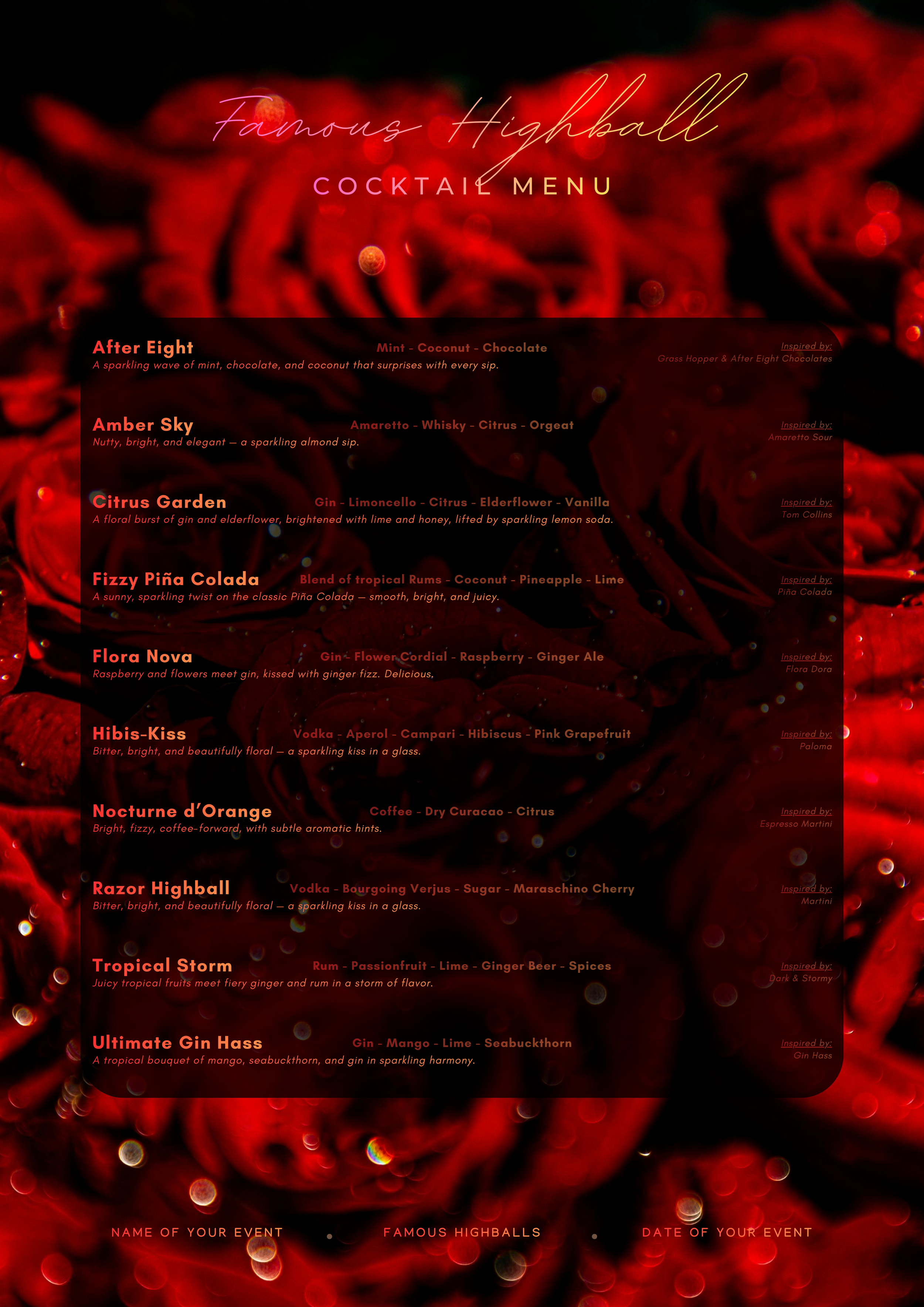A cocktail menu titled 'Famous Highball' on a red and black background with floral and swirl patterns, listing various highball drinks with descriptions and inspirations.