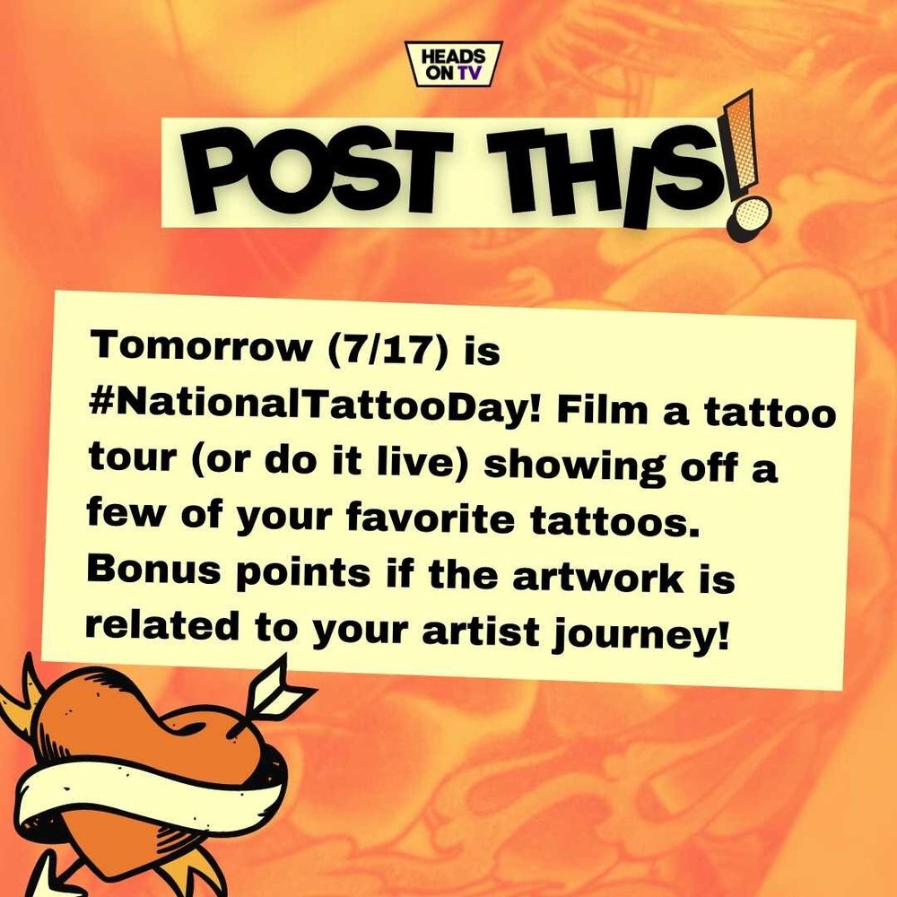Tomorrow is #NationalTattooDay! Here's what you can post to celebrate ⚡️ #PostThis
.
.
.
.
#headsontv #musicindustry #musicindustrytips #musicbusiness #musicbusinesstips #contentmarketing #contentcalendar #singersongwriter #musicproducer #independent