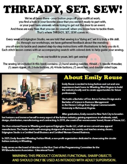 Back cover of "Thready, Set, Sew!" describes the uses and contents of the book and the background of author Emily Rouse