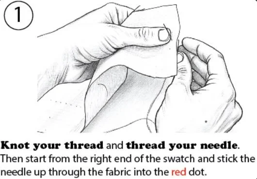 Sketch illustrated hands demonstrate how to hand sew for beginners