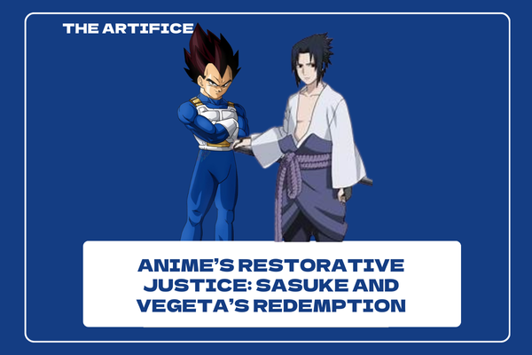 Illustration of Saiyan Vegeta and human Sasuke standing side by side, holding hands, with a blue background and white text overlay that reads "Anime's Restorative Justice: Sasuke and Vegeta's Redemption."
