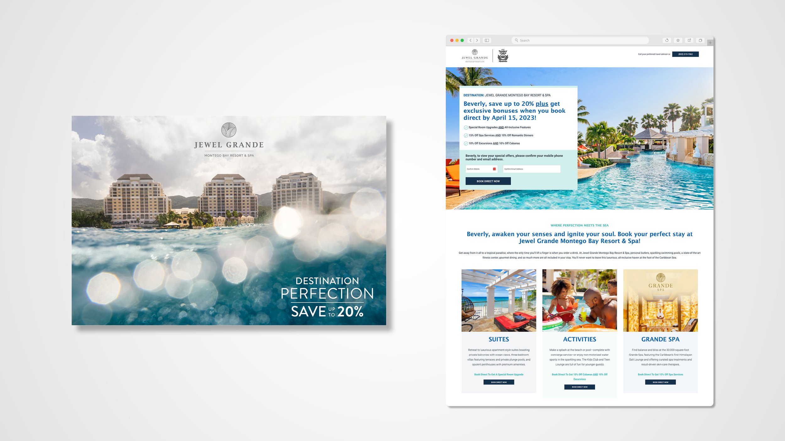 A postcard for Jewel Grande resort and it's companion landing page as examples of variable data direct mail.
