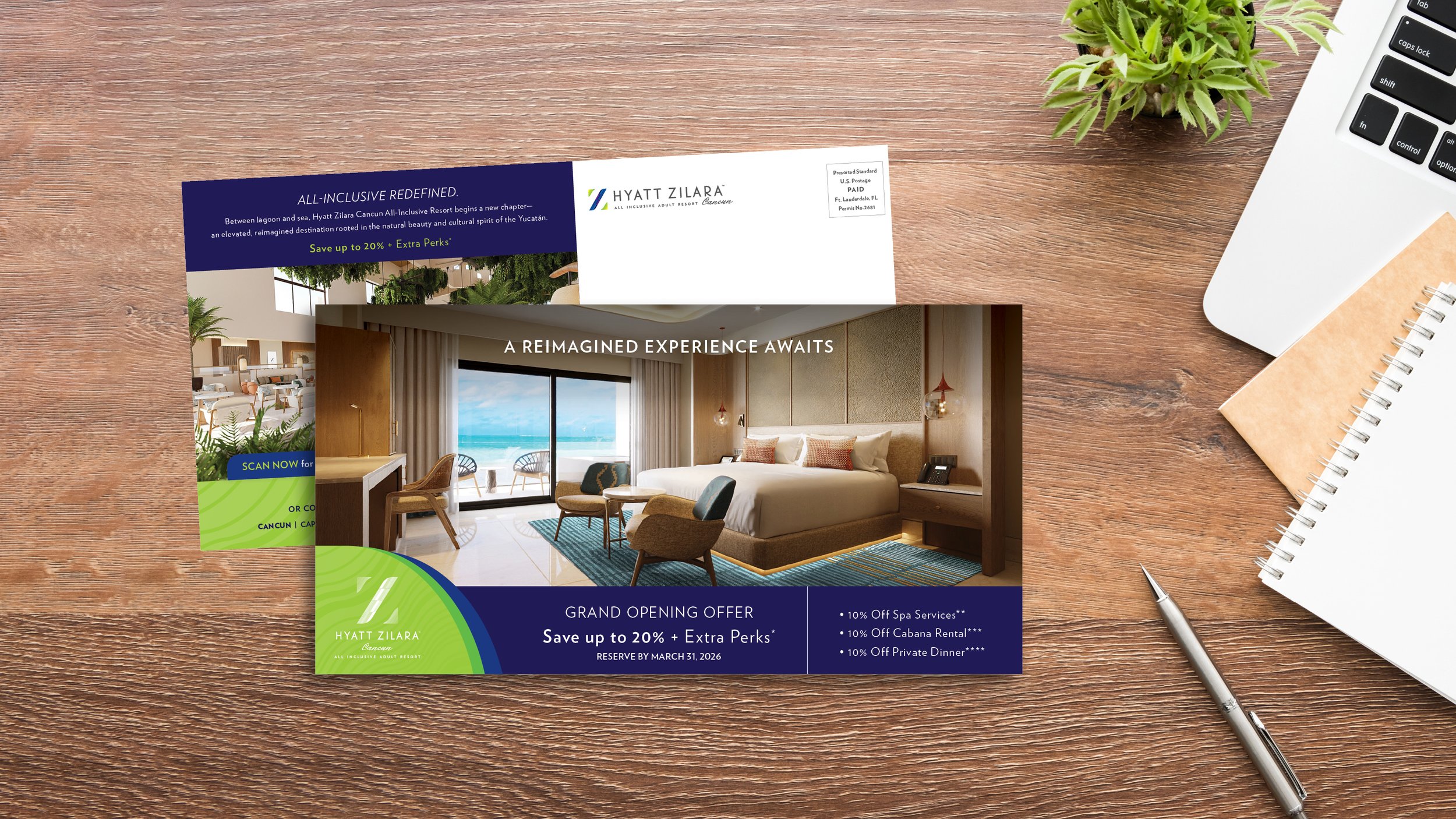 A postcard promoting Hyatt Zilara Cancun laying on a desk.