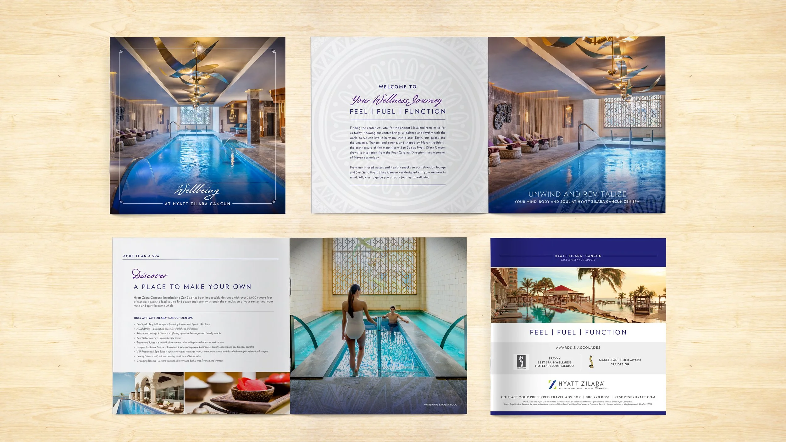 Page examples of a square brochure for the spa at Hyatt Zilara Cancun.