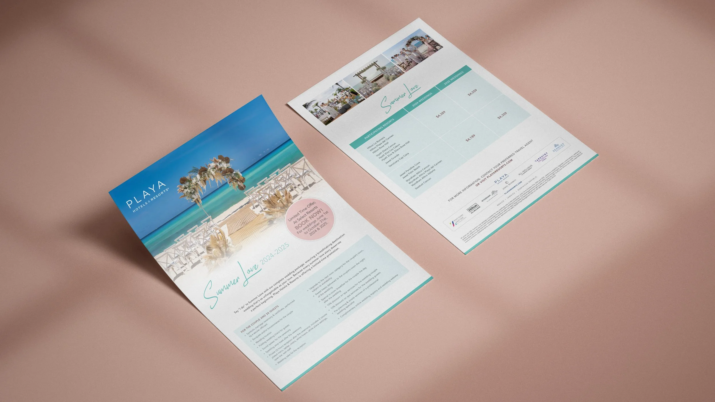 The front and back of a flyer for Playa Hotels & Resorts laying on a table.