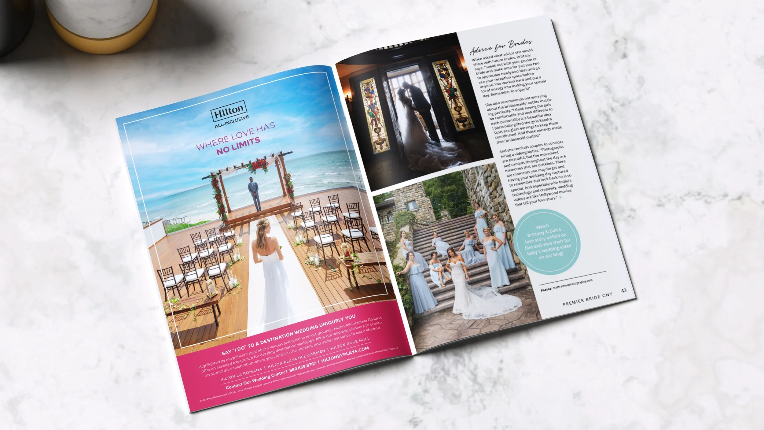 A full page magazine ad for weddings at Hilton All-Inclusive Resorts displayed in a magazine open on a marble table.