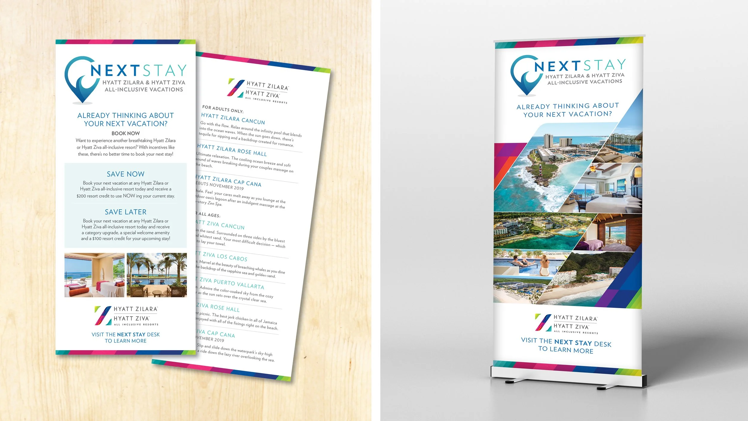 A rack card and a roll-up banner promoting the Hyatt Next Stay program.