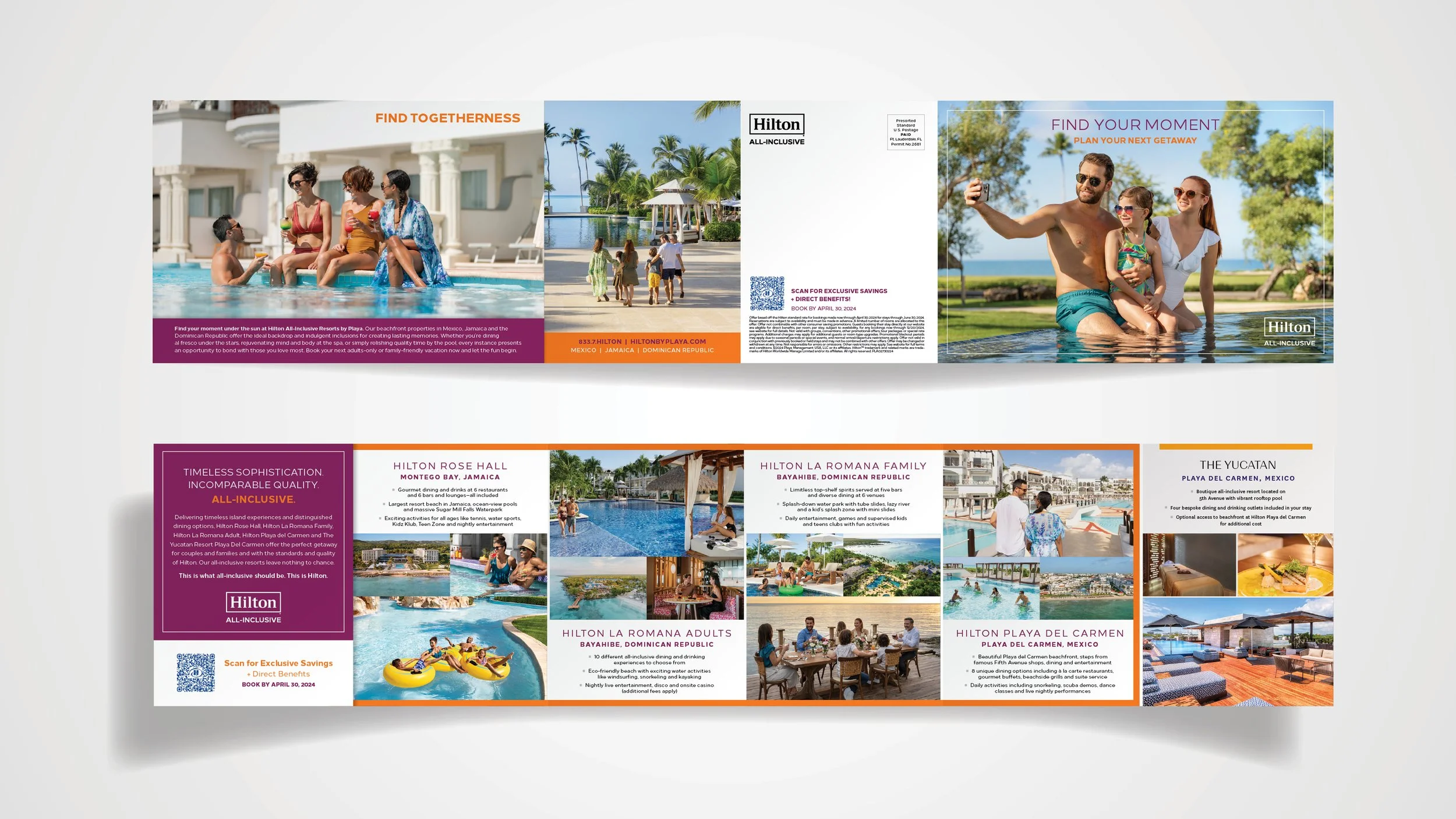 A three panel fold-out direct mail piece for Hilton resorts.