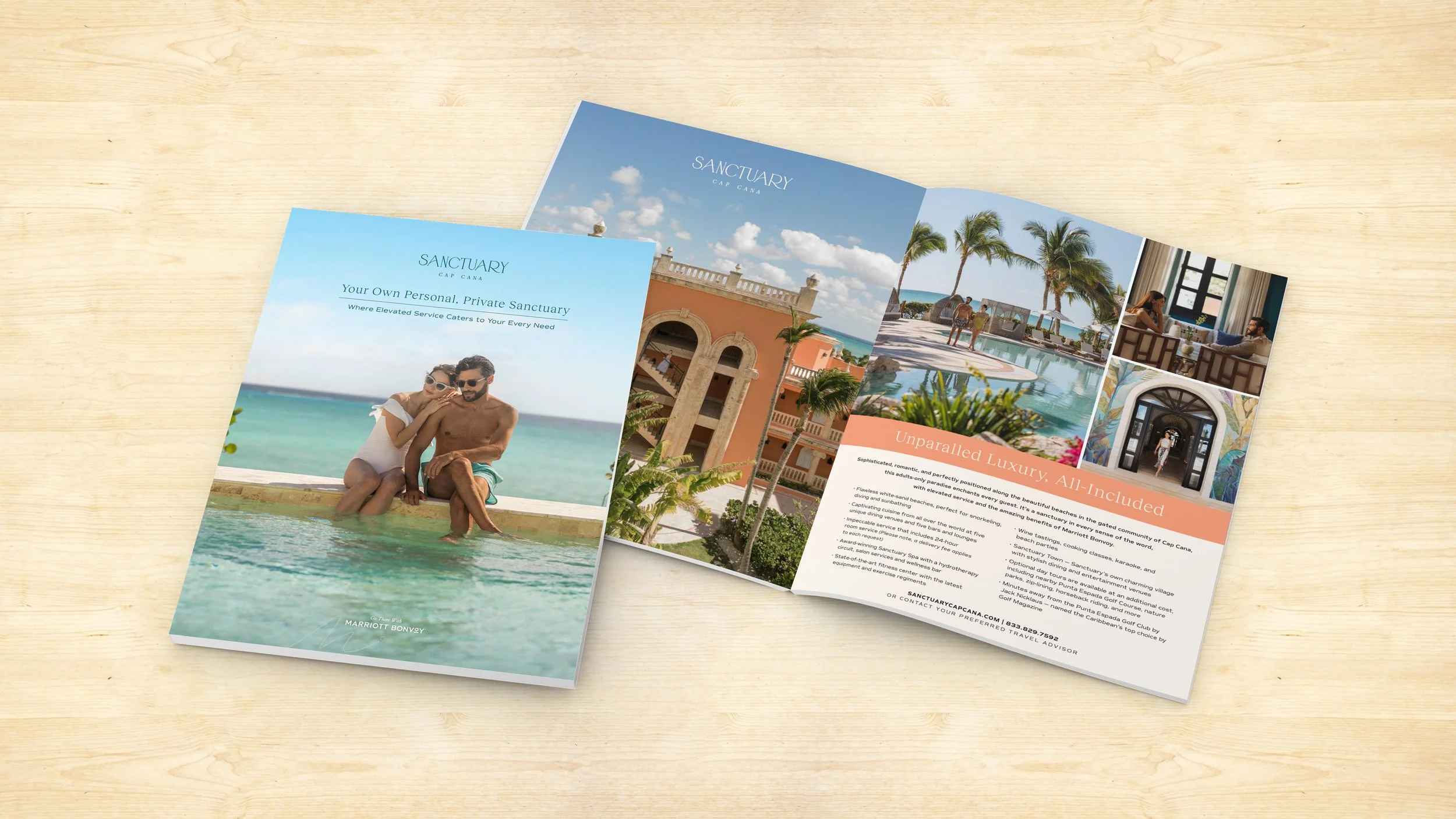 A brochure for Sanctuary Cap Cana laying open on a table.