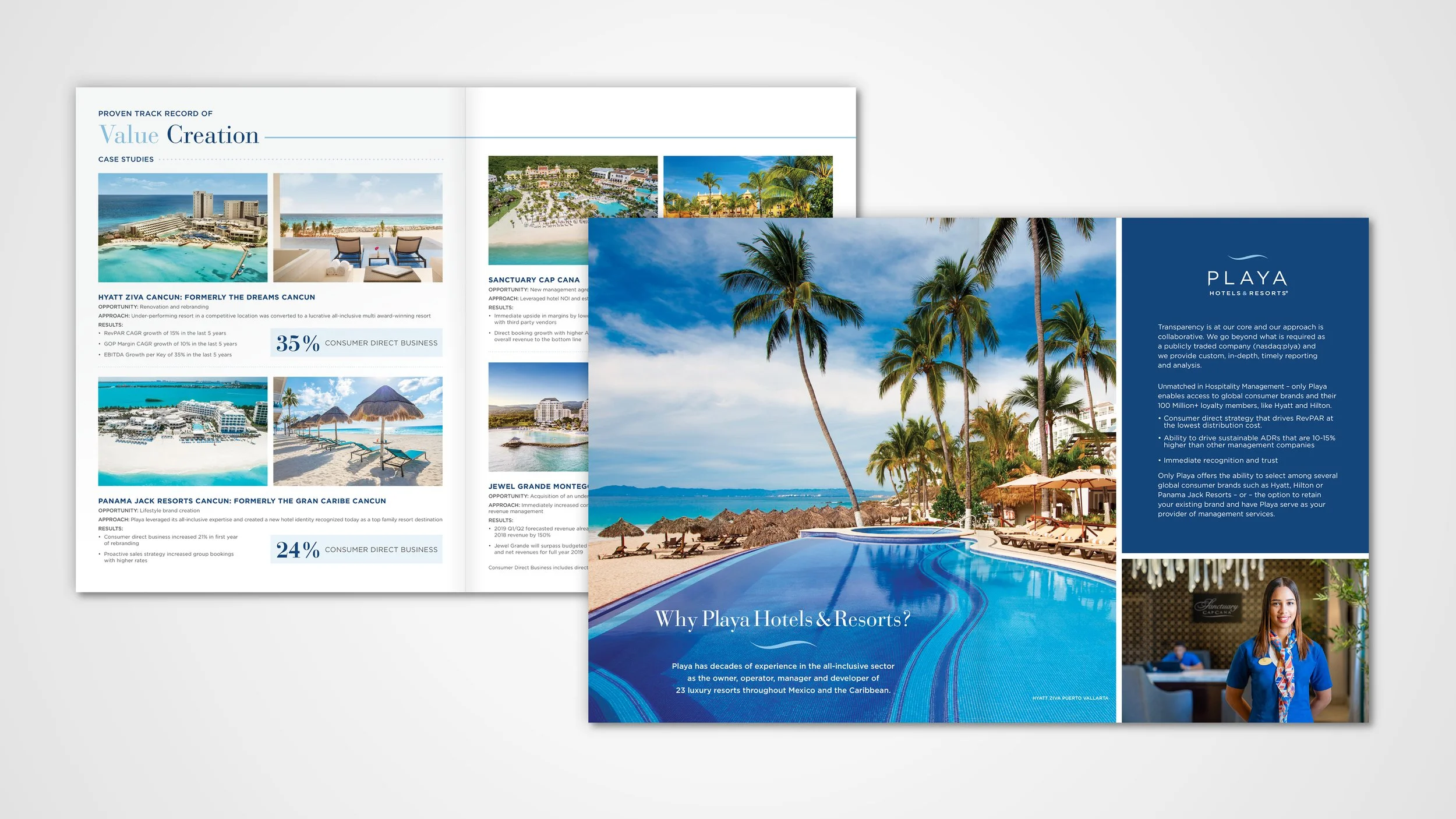 Two page spread examples from a corporate brochure for Playa Hotels & Resorts.